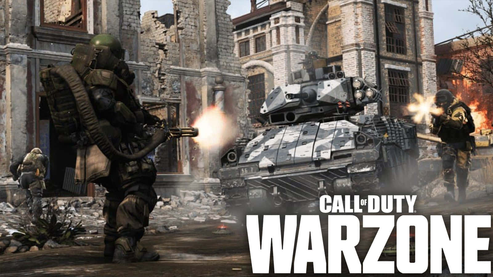 Call Of Duty Vehicles 桌布 壁紙 — 士兵和一輛坦克在戰火摧殘的城市廢墟中開火，建築物 crumbling 倒塌，煙霧彌漫。