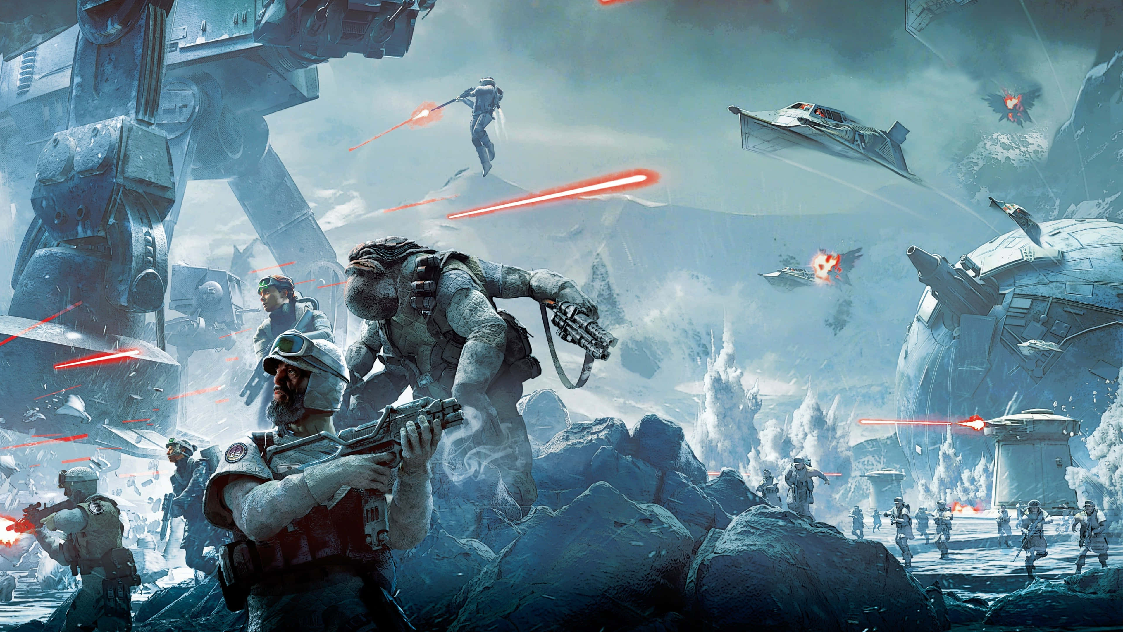 Hoth 桌布 壁紙 — 士兵和巨型步行機在冰山之間戰鬥，星際戰鬥機在暴風雨的天空中發射紅色激光。