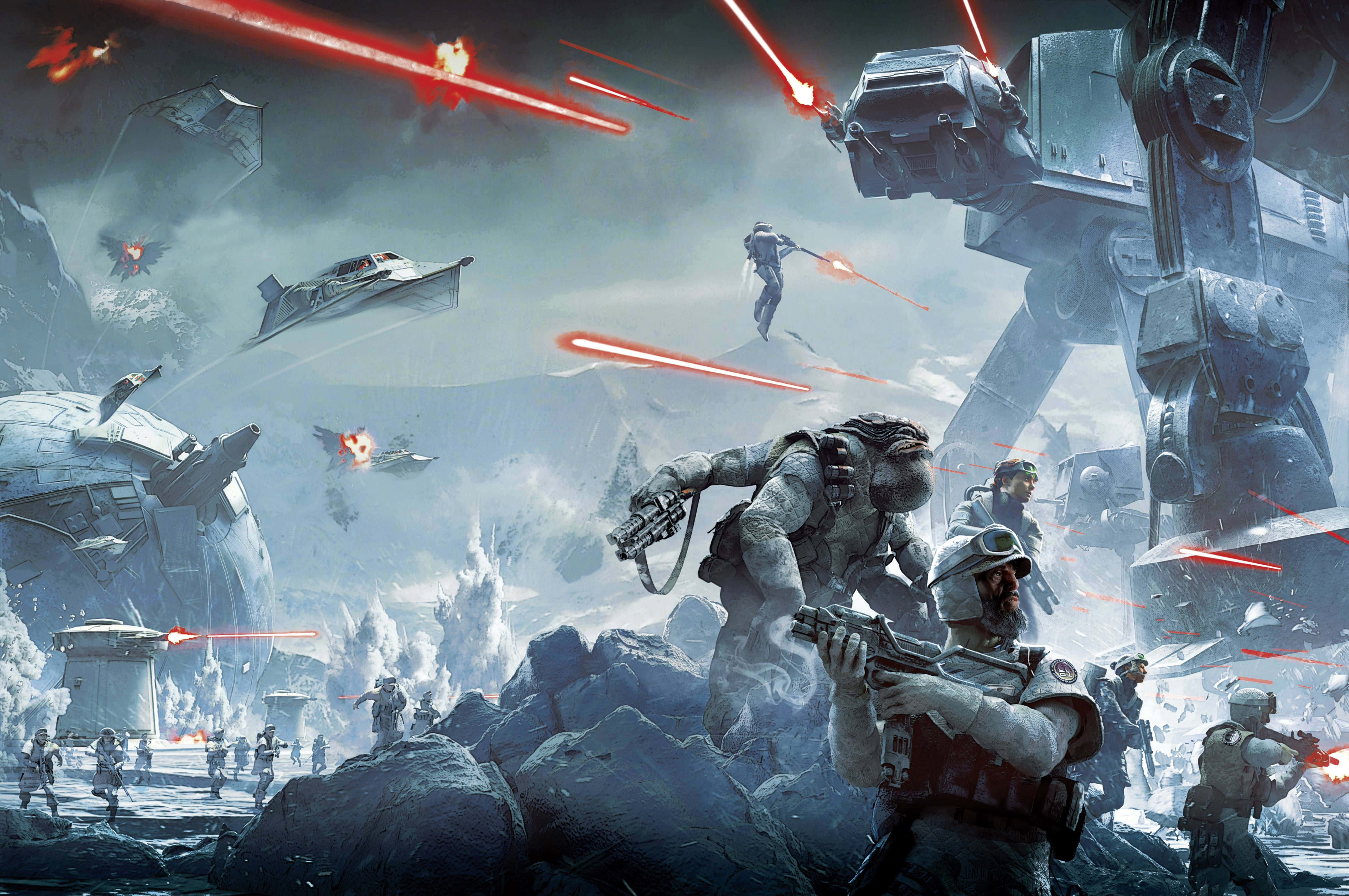 Star Wars Games 桌布 壁紙 — 士兵和巨型步行者在冰冷的殘骸中戰鬥，紅色激光束在雪地戰場上劃過。