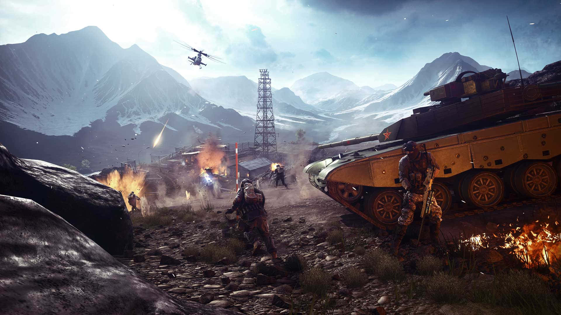 Battlefield Vehicles 桌布 壁紙 — 士兵喺白雪覆蓋嘅山谷入面，喺一架燃燒嘅坦克附近戰鬥，一架直升機喺上空飛過。