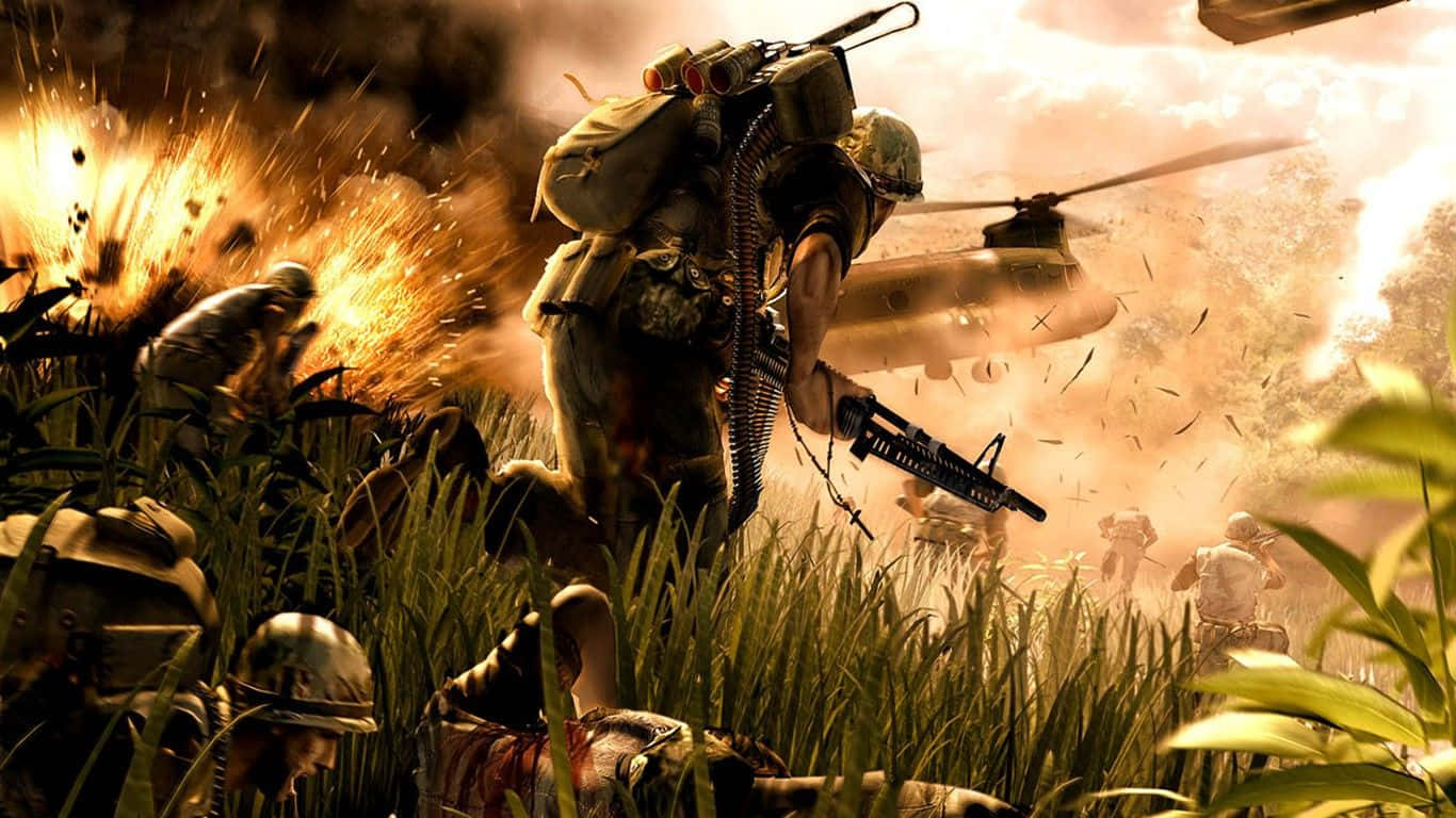 War Games 桌布 壁紙 — 士兵在叢林戰鬥中，伴隨著爆炸和頭頂的直升機，在火紅的天空下。
