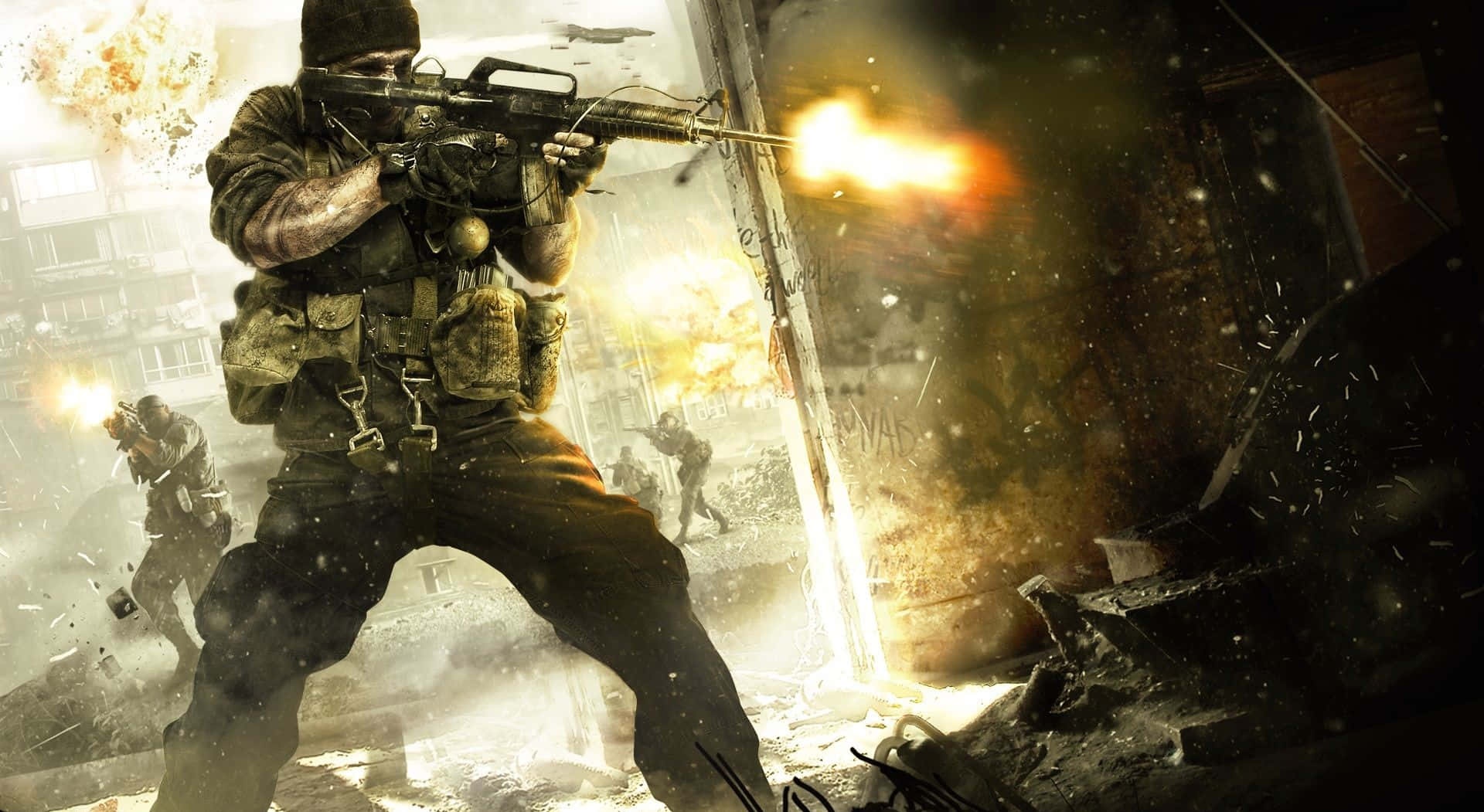 Call Of Duty Soldiers 桌布 壁紙 — 士兵在城市戰場上開火射擊步槍，爆炸和碎片在他周圍飛舞。