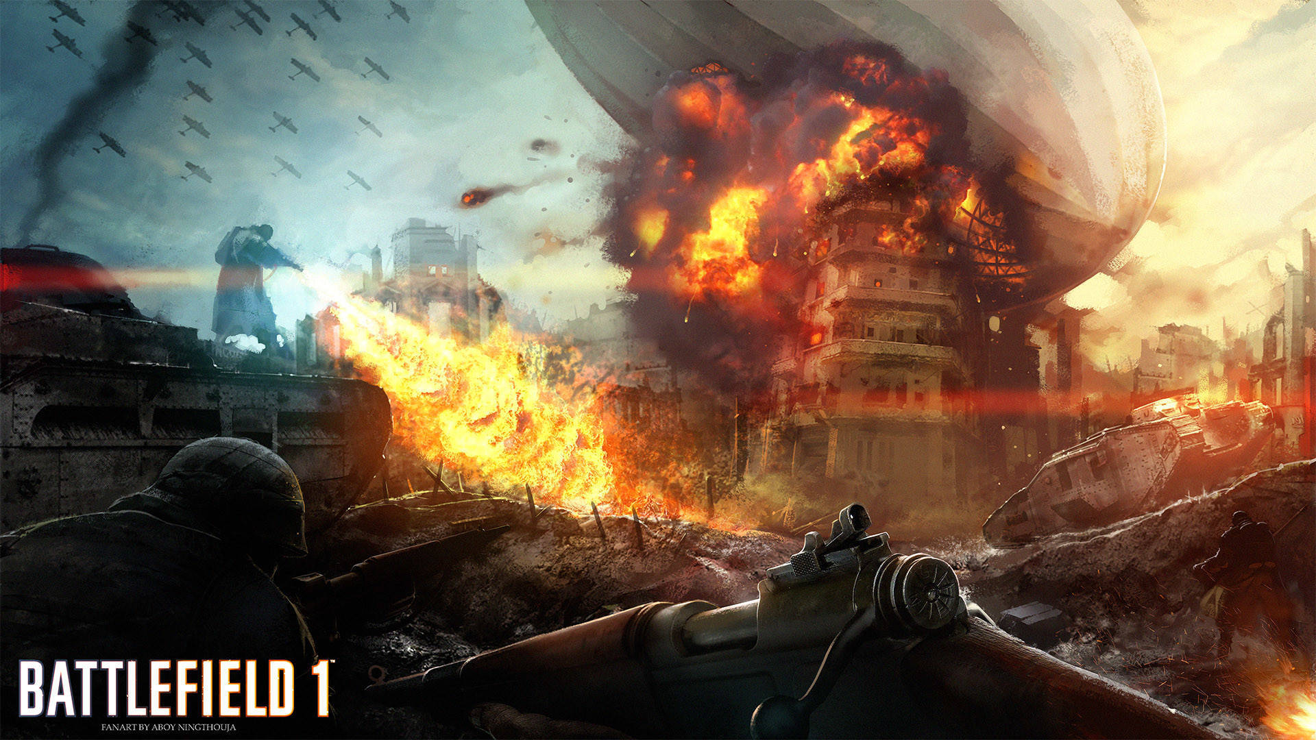 Battlefield 1 HD 桌布 壁紙 — 士兵在戰火摧殘的城市景觀中，身處熾熱爆炸和墜落飛機之間的第一人稱視角。
