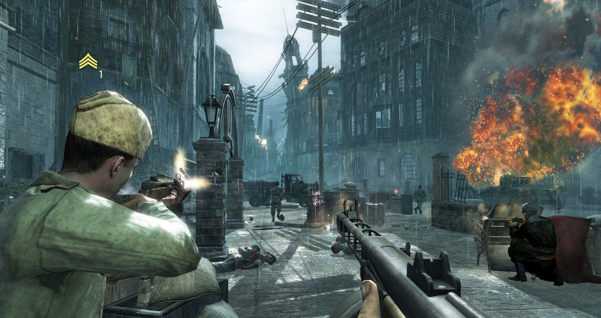 Call Of Duty First Person Shooter 桌布 壁紙 — 士兵在戰火摧殘的城市街道上開火，附近爆炸在煙霧和瓦礫中爆發。