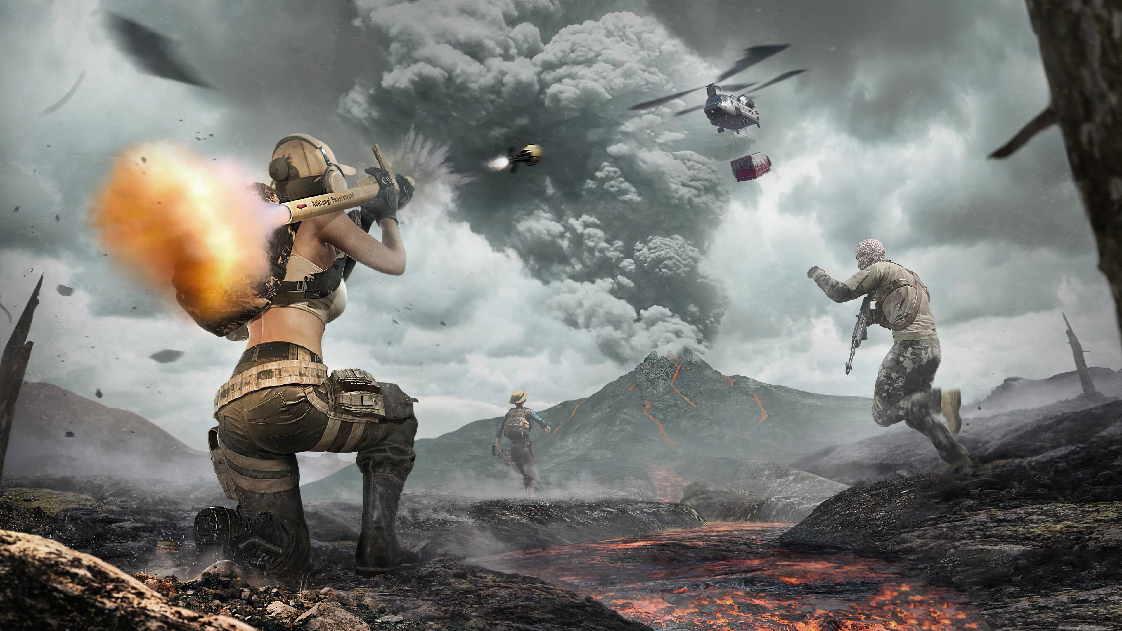 PUBG 桌布 壁紙 — 士兵在火山熔岩流中戰鬥，直升機在暴風雨的天空下投放補給。