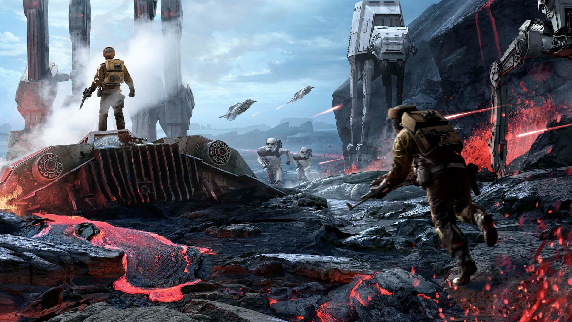 Star Wars Games 桌布 壁紙 — 士兵在火山熔岩流和 towering AT-AT 步行機之間，在暴風雨的天空下戰鬥。