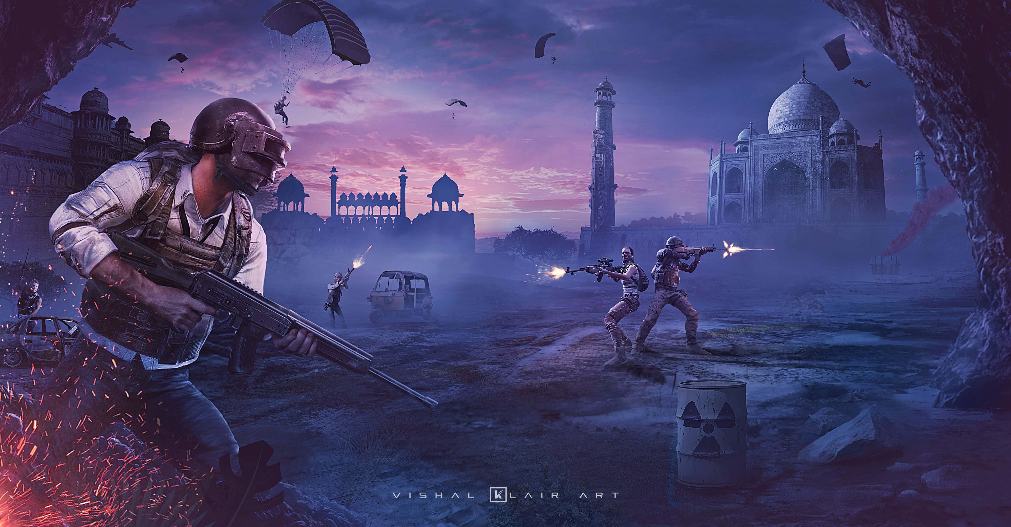 Pubg Banner 桌布 壁紙 — 士兵在紫色黃昏天空下，降落傘降落的同時，在泰姬陵廢墟中戰鬥。