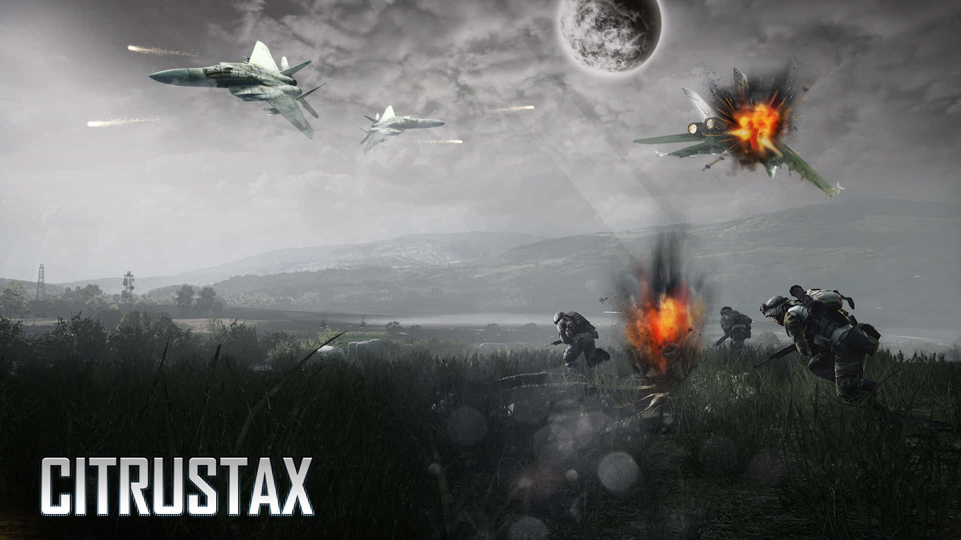 Battlefield 桌布 壁紙 — 士兵在草地上戰鬥，戰鬥機在月光下的天空中交戰，爆炸照亮了場景。