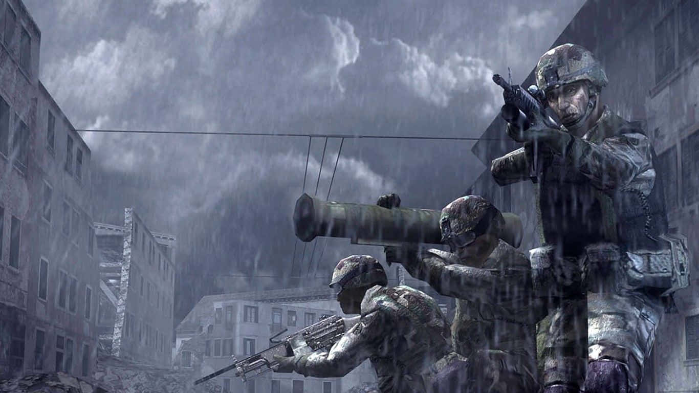 War Games 桌布 壁紙 — 士兵在雨浸的城市廢墟中，在暴風雨的灰色天空下持武器前進。