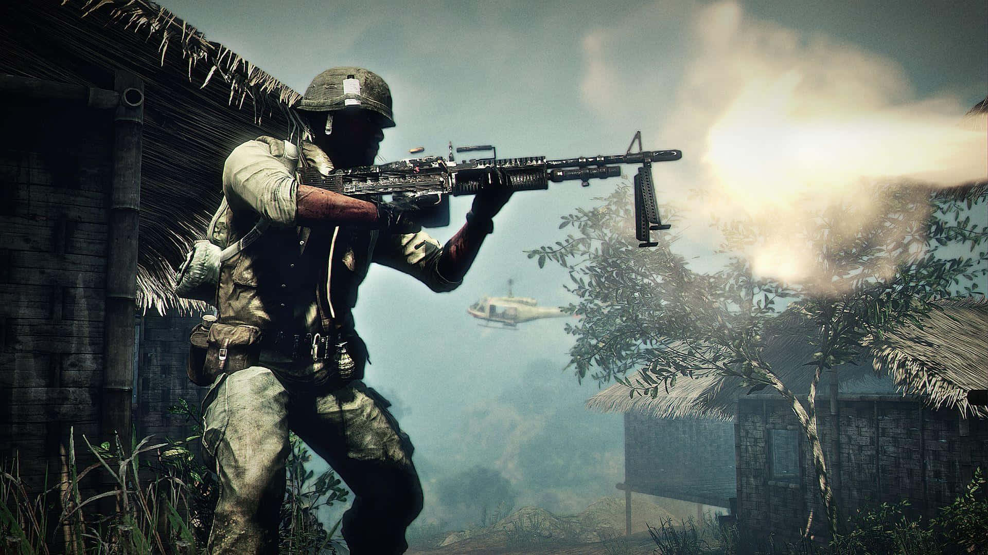 士兵射擊步槍 - 戰地風雲V 背景 壁紙 — 士兵在叢林村莊發射重型機槍，頭頂有直升機，煙霧滾滾。