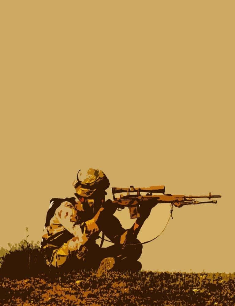 沙漠裝備的士兵從俯臥姿勢瞄準狙擊步槍。