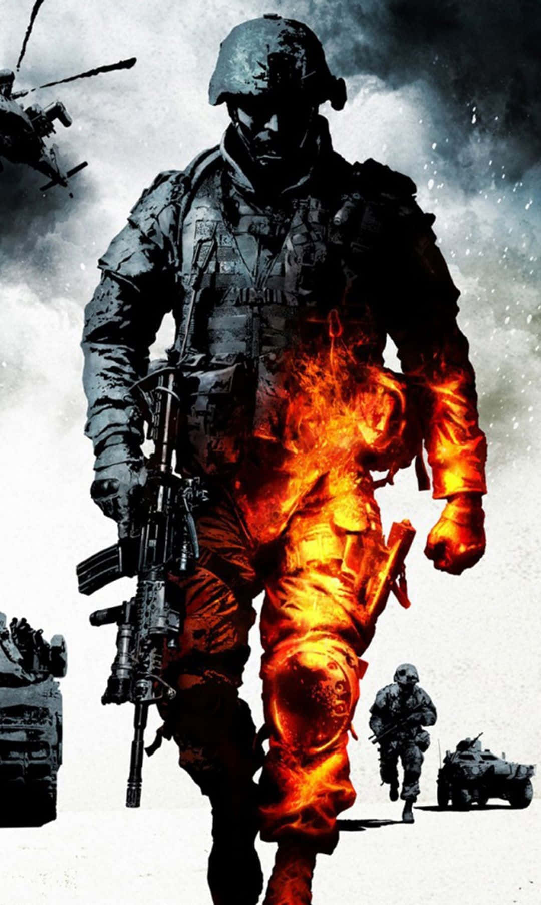 一名燃燒的士兵持步槍向前行進，軍用車輛和直升機出現在暴風雨的背景中。