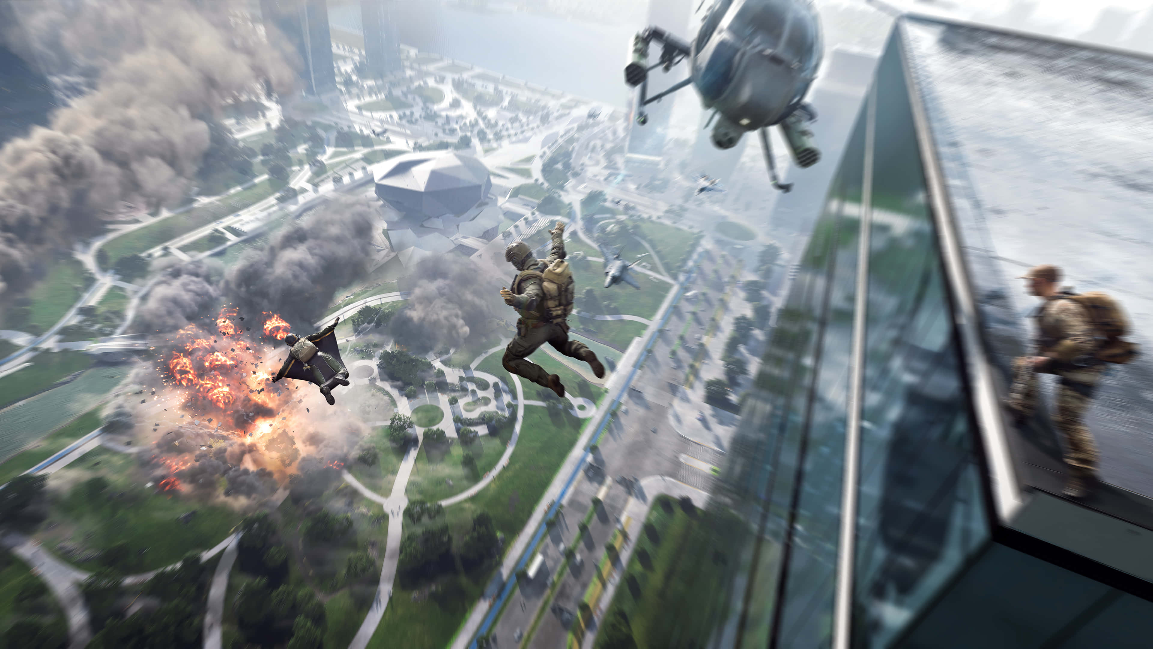 Fps 桌布 壁紙 — 士兵跳傘進入遭受攻擊的城市，下方爆炸四起，一架直升機在上空盤旋。