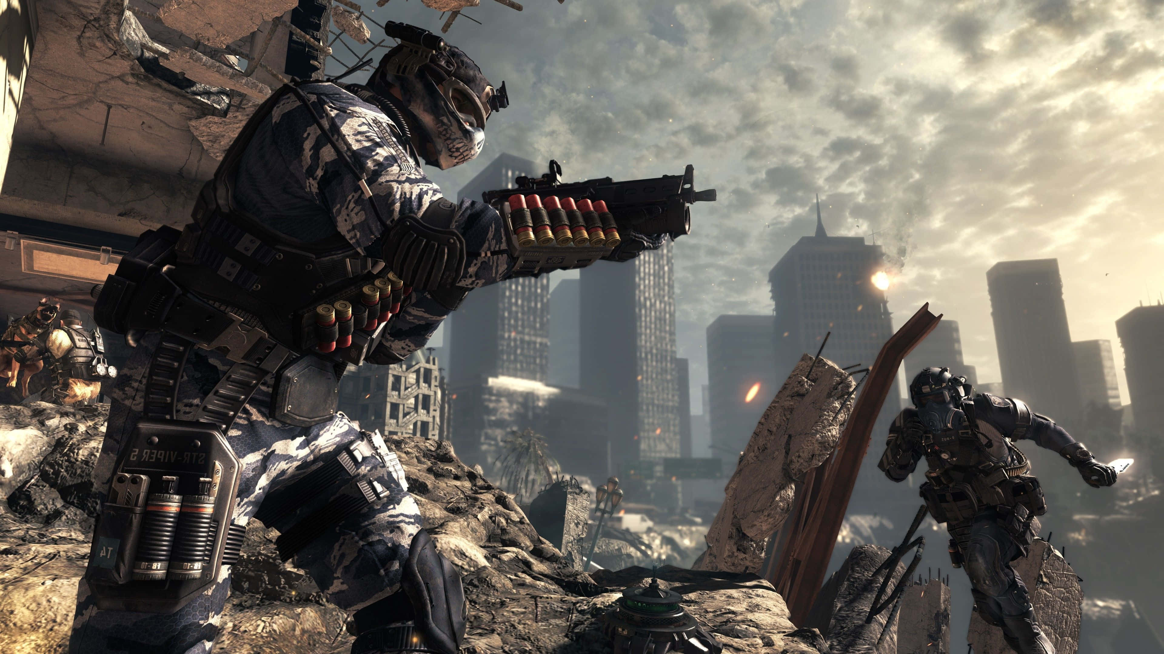 Call Of Duty First Person Shooter 桌布 壁紙 — 士兵身穿戰術裝備，在陰天之下穿過滿佈瓦礫的城市街道，爆炸震撼著都市戰場。