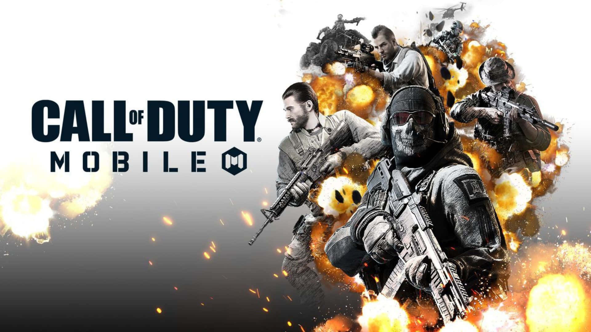 Call Of Duty Weapons 桌布 壁紙 — 士兵身穿戰鬥裝備從熾熱爆炸中出現，背景為深色漸變，並帶有遊戲標題文字。