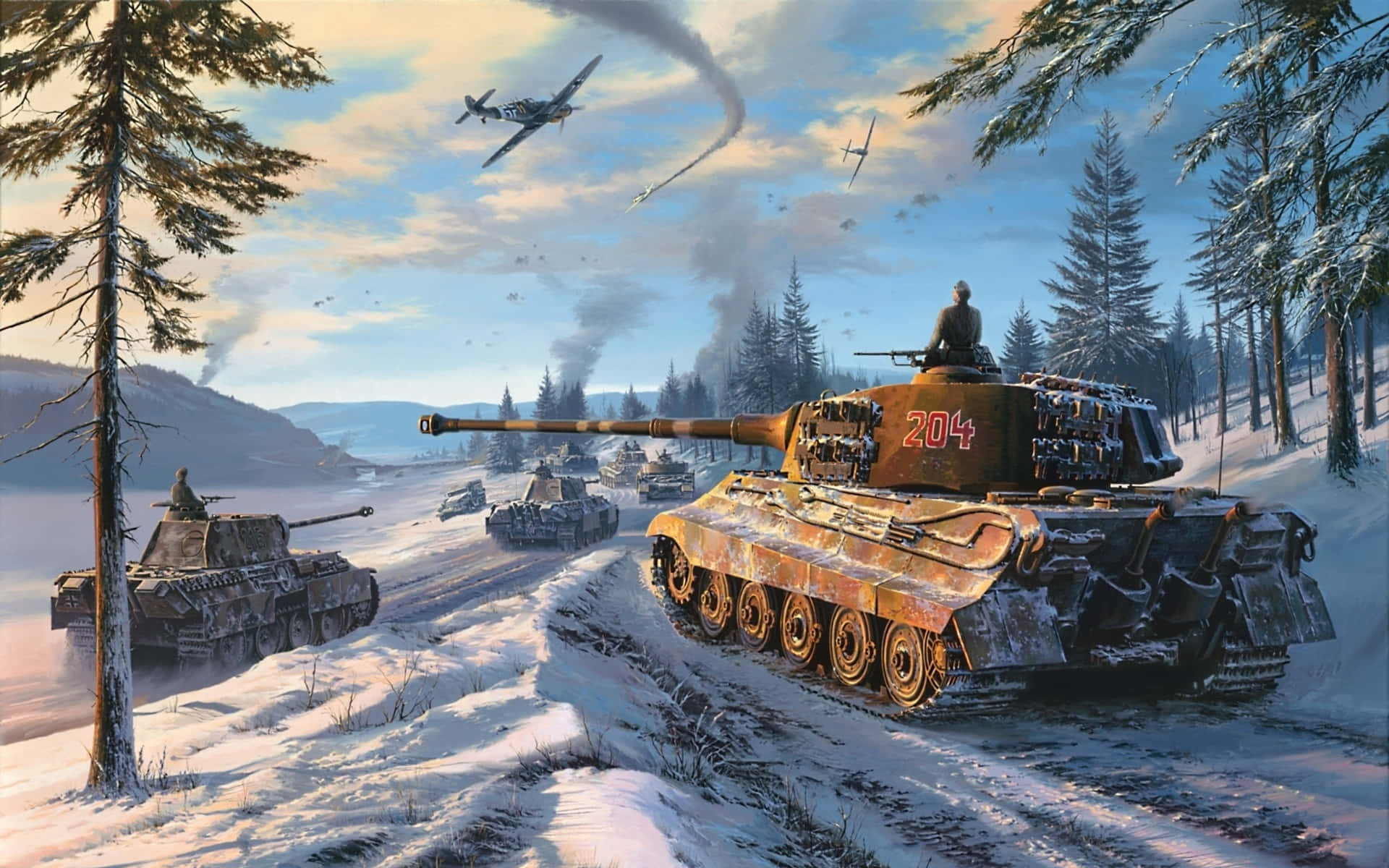 士兵駕駛坦克出征 壁紙 — 一隊被雪覆蓋的坦克車隊穿越冰凍森林，戰鬥機在上空飛過留下煙霧痕跡。