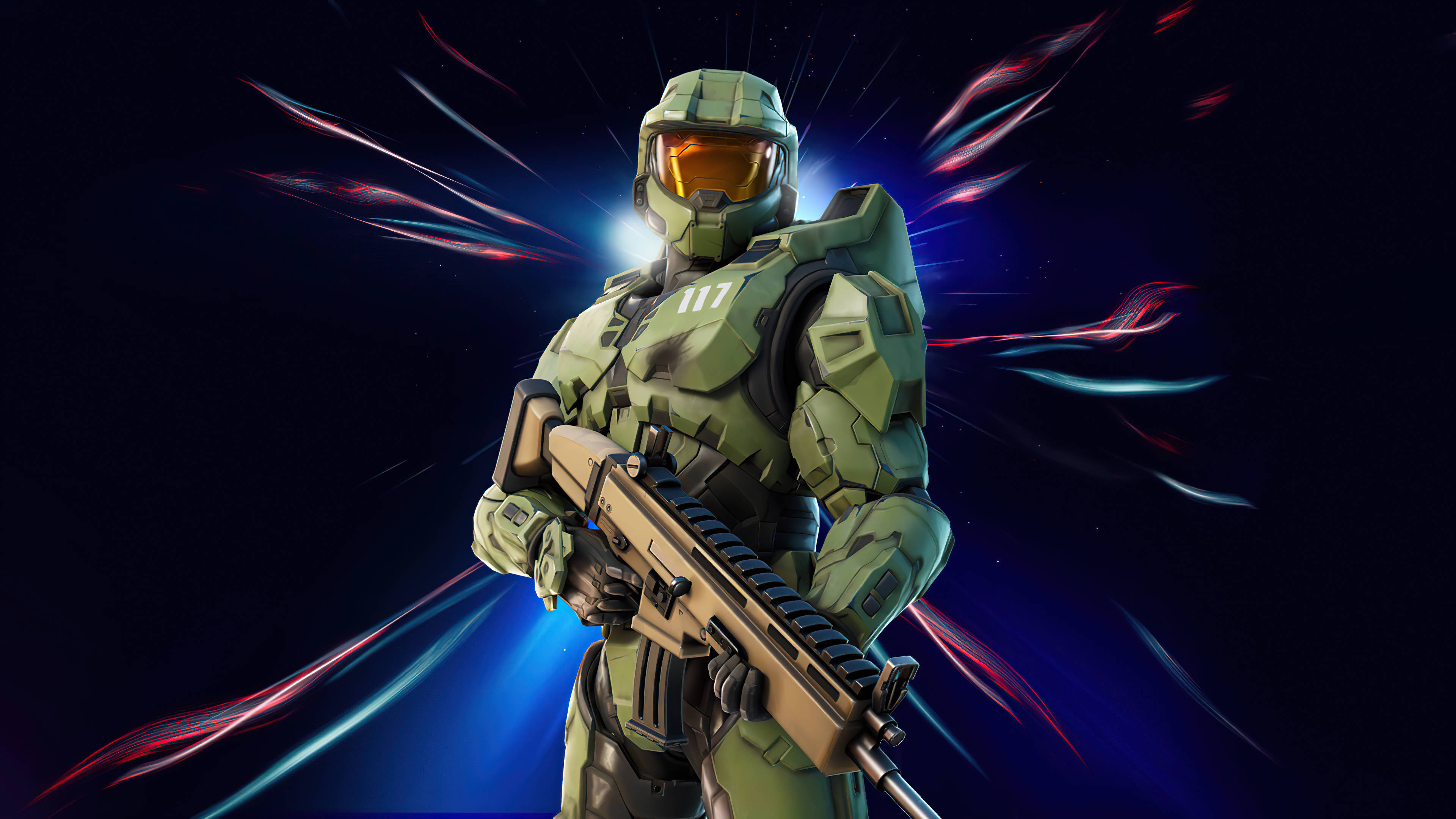 4K halo 桌布 壁紙 — 士官長站在黑暗的宇宙虛空中，手持步槍，身後有發光的藍色和紅色能量軌跡旋轉。