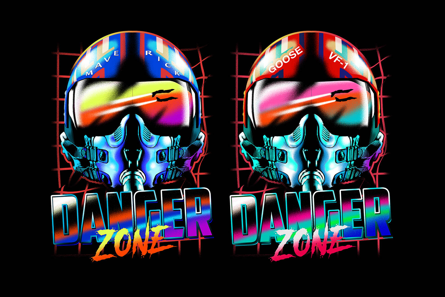 兩個彩色賽車頭盔，標有 Mave Rick 和 Goose VF-1，並帶有 Danger Zone 文字。
