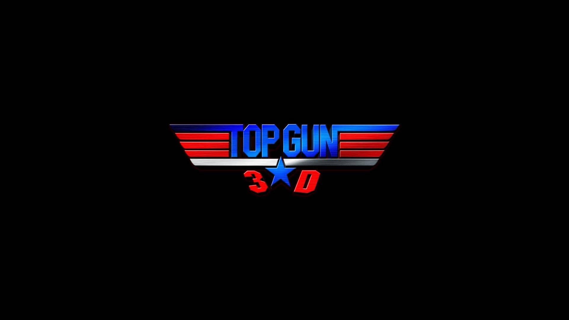 Top Gun 3D 電影標誌，黑色背景上帶有紅、藍、銀色翅膀