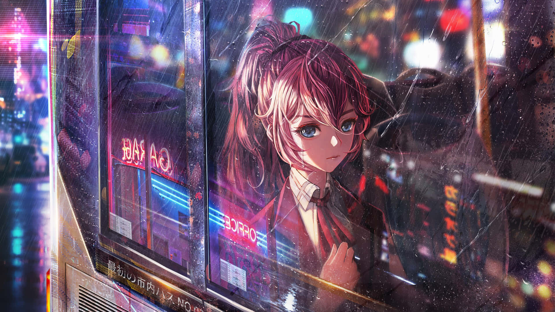 紅髮動漫女孩透過雨痕斑斑的窗戶，看著夜晚發光的霓虹城市。