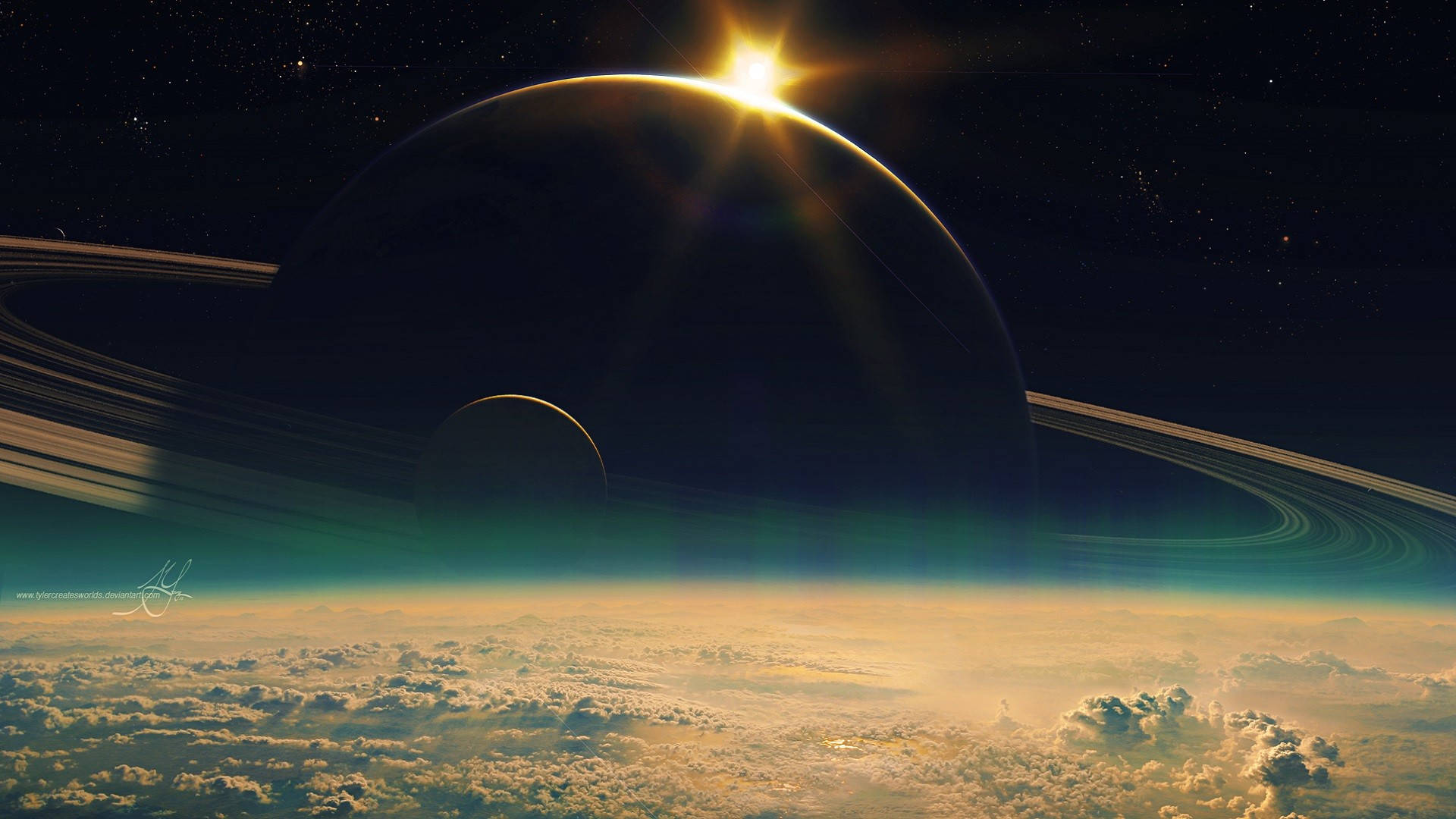 壯觀土星 iPhone 8 太空 壁紙 — 一顆發光的太陽在一個巨大的環狀行星後面升起，將金色的光芒灑在下面的雲海上。