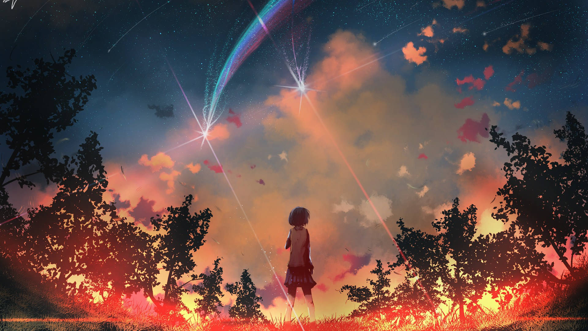 女孩在暮色中觀看樹木間多彩的流星雨。 — 動漫風景 壁紙