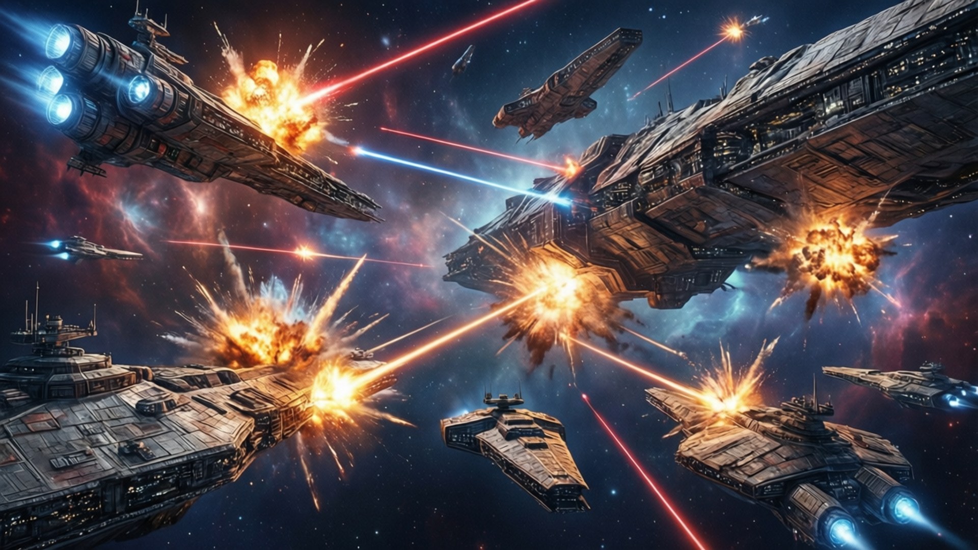 未來戰艦在太空戰中於彩色星雲中發射激光並爆炸。
