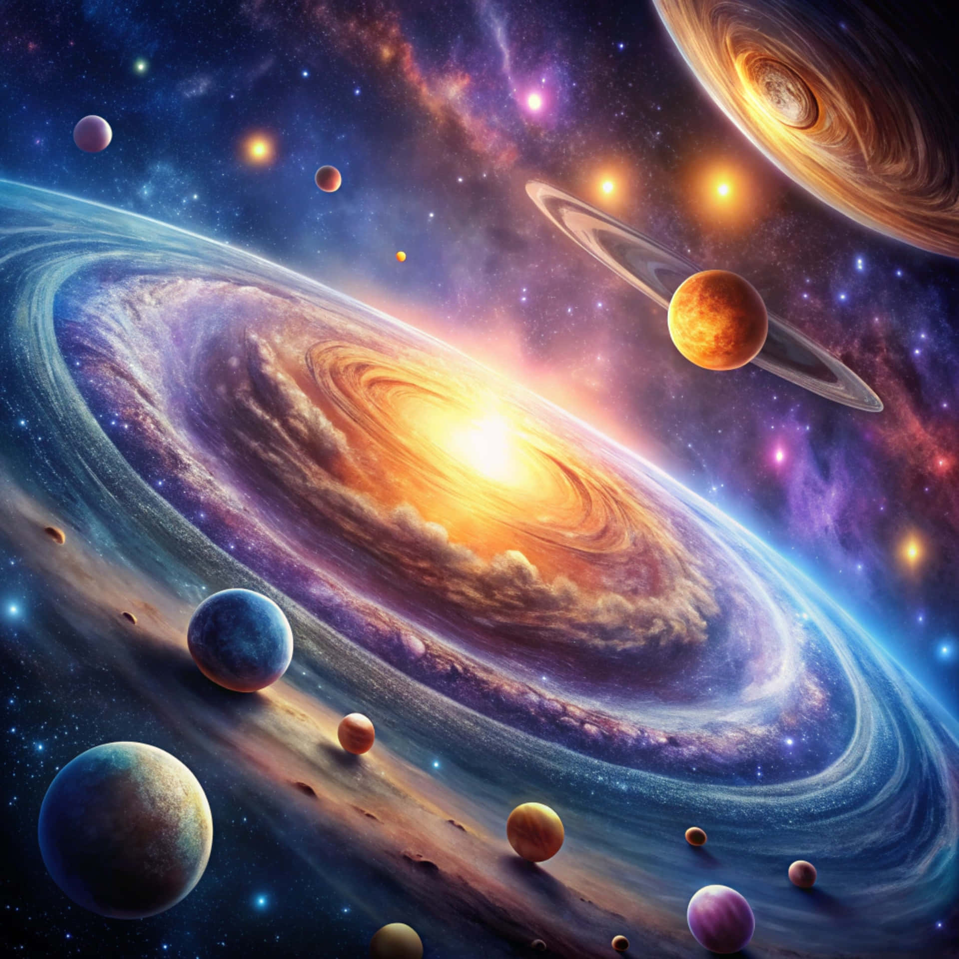 一個發光的螺旋星系，周圍環繞著彩色行星和旋轉的宇宙雲。