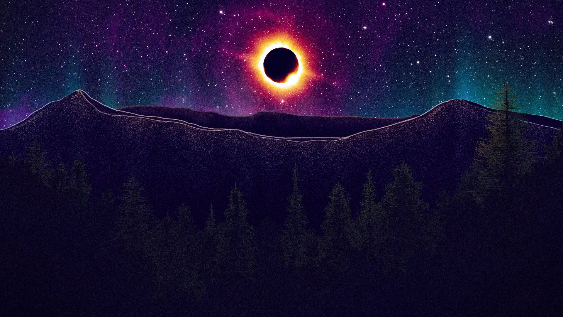 在星空下，日食出現在山脈和森林之上。