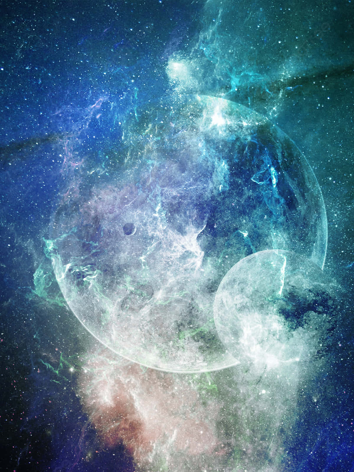 佈滿星辰的宇宙虛空中發光的星雲和半透明的行星。
