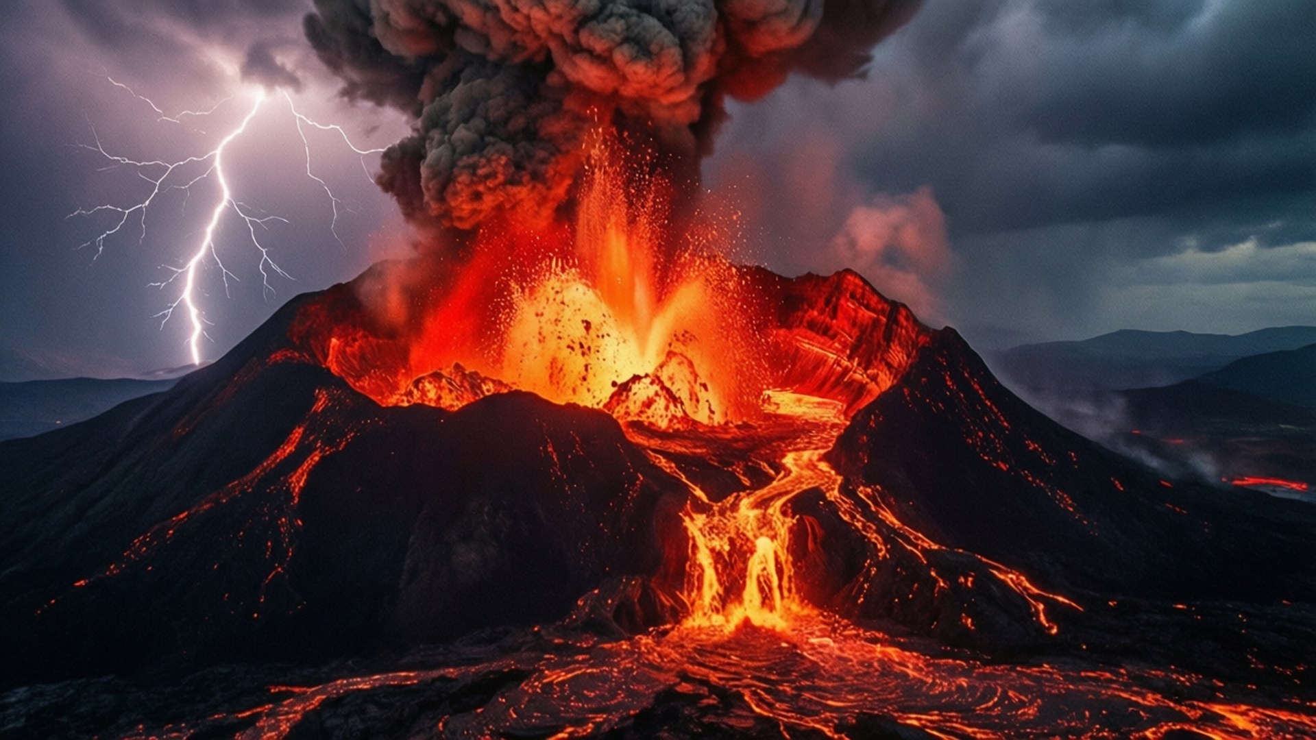 火山爆發，熔岩流動，暴風雨的天空中閃電擊中