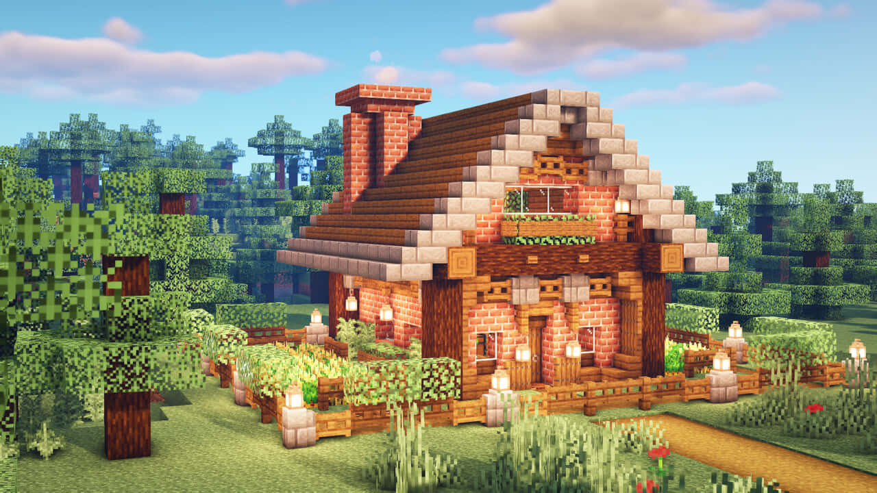 舒適的Minecraft小屋，設有磚砌煙囪和木製門廊，周圍環繞著綠樹和發光的燈籠。