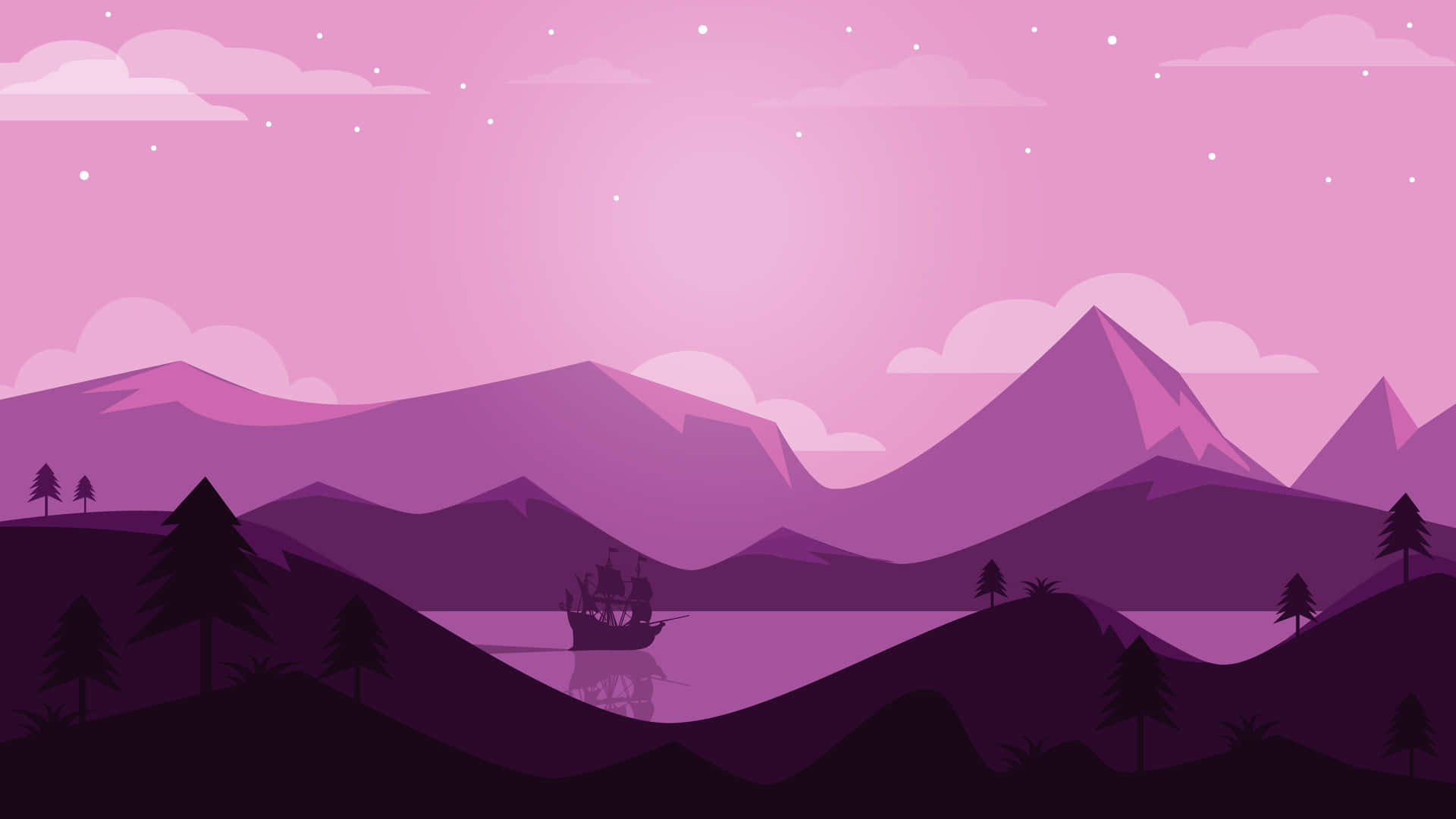 黃昏時分星空下湖上的船與紫色山景。