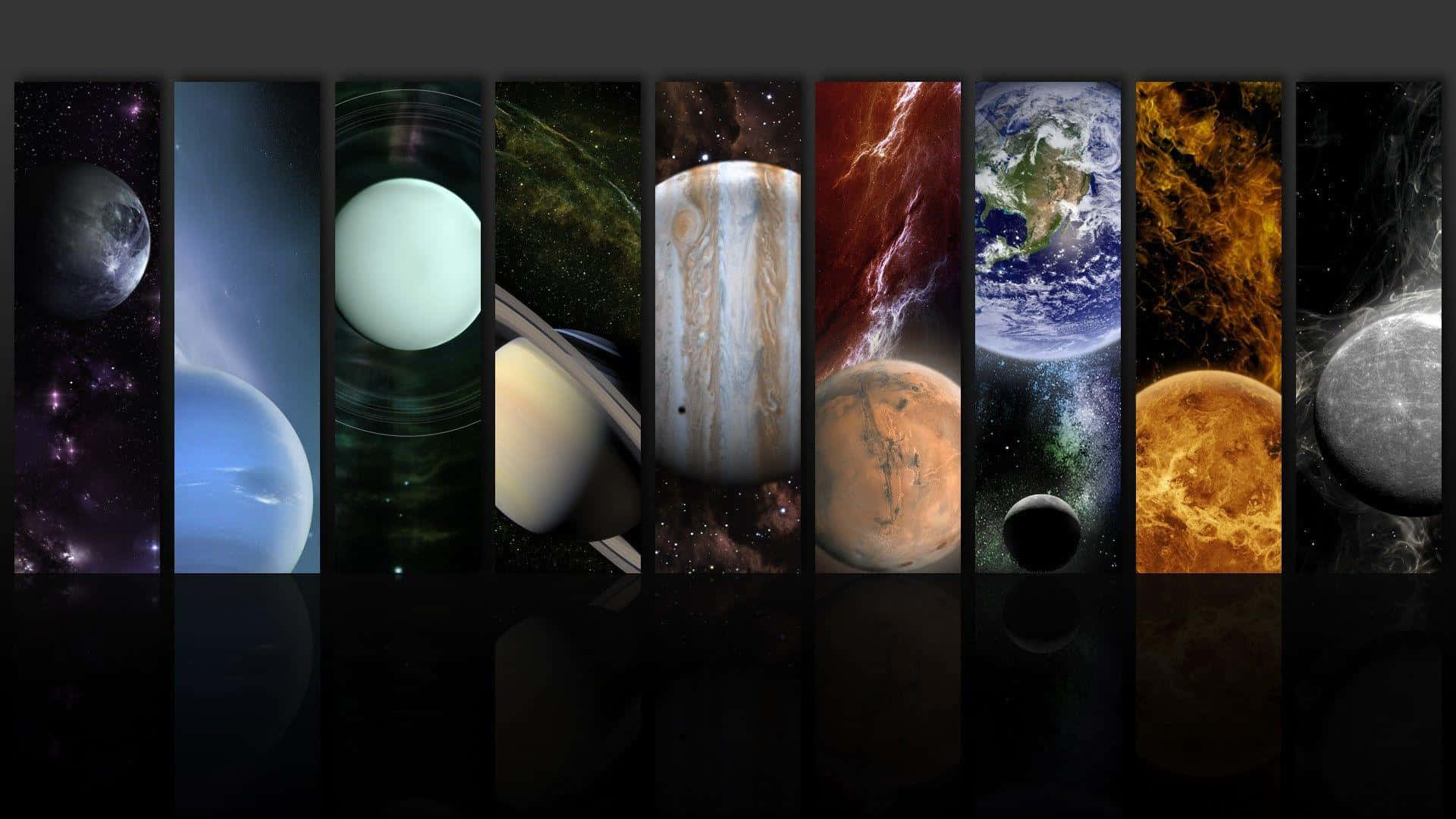 九顆行星垂直排列在宇宙拼貼畫中，下方有倒影。