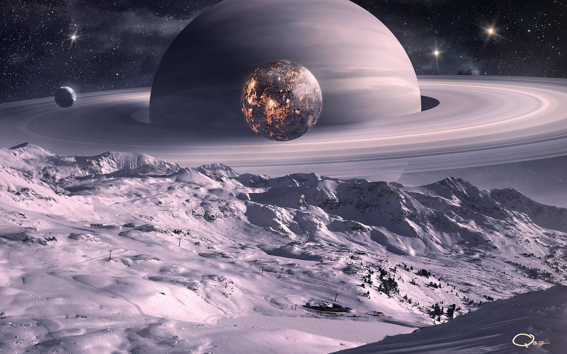 白雪覆蓋的山脈，在宇宙天空下，有巨大的環狀行星和星星。