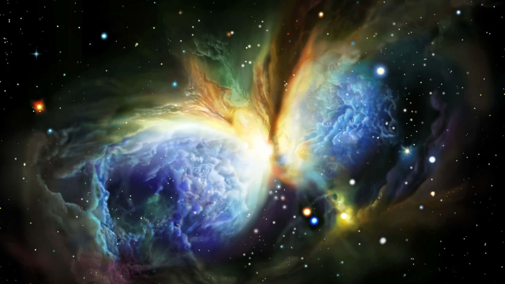 在深空中帶有旋轉氣體和明亮星星的鮮豔宇宙星雲。
