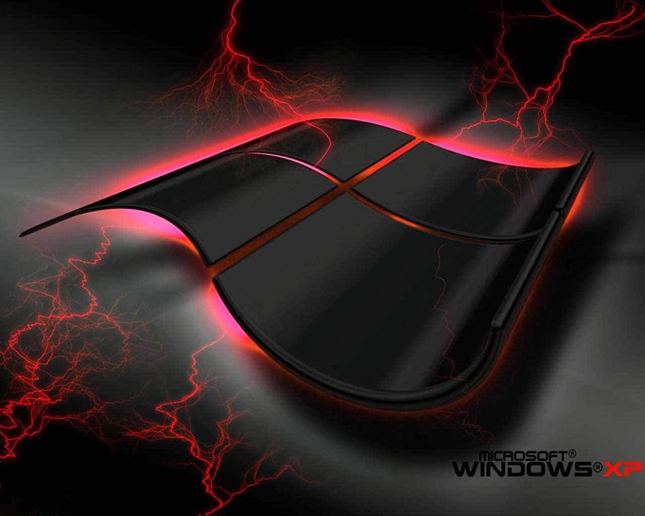 亮面黑色Windows XP標誌被紅色閃電環繞在黑暗背景上。