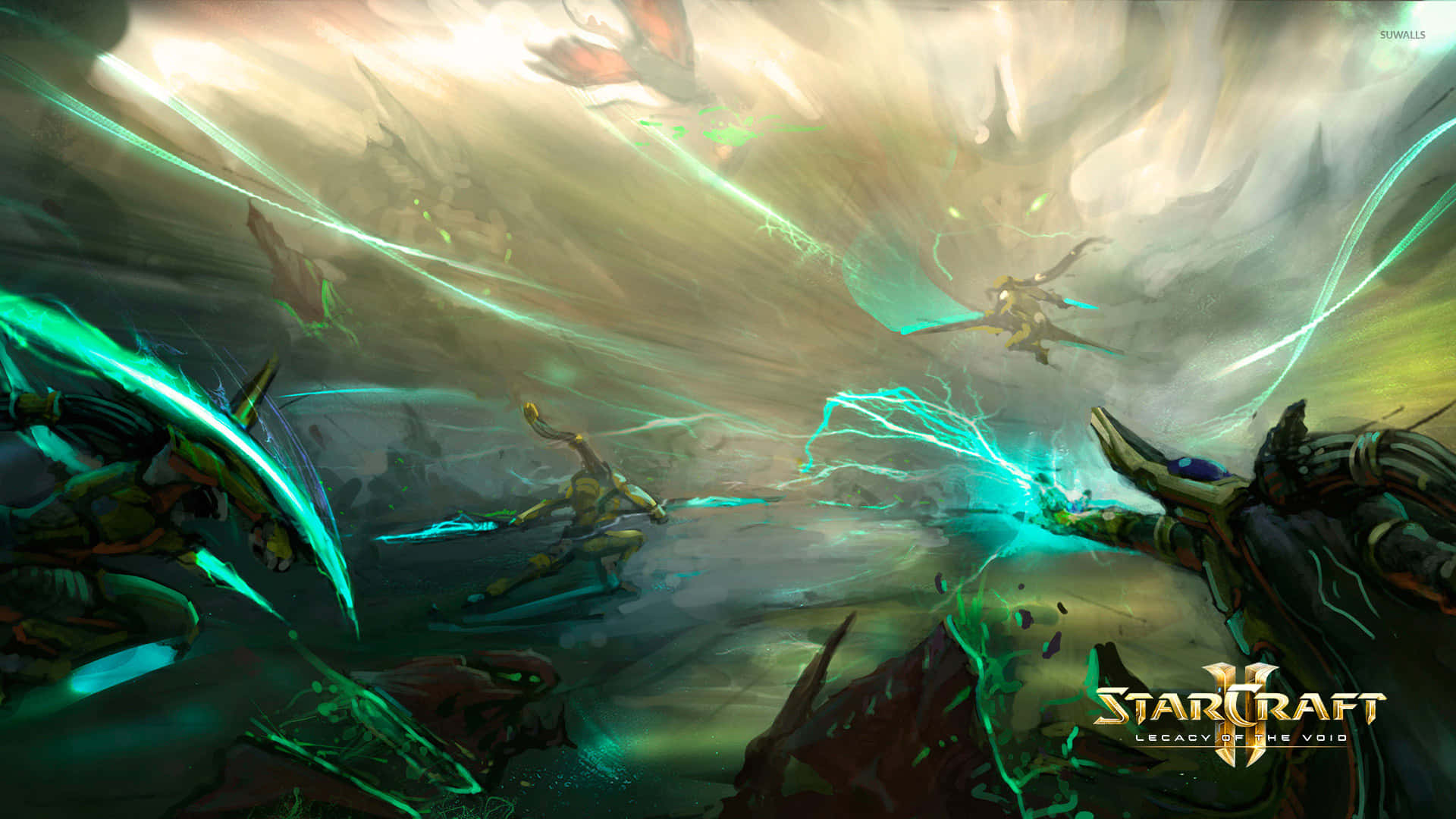 Zerg 和 Protoss 戰士在黑暗的戰場上用綠色能量光束戰鬥。