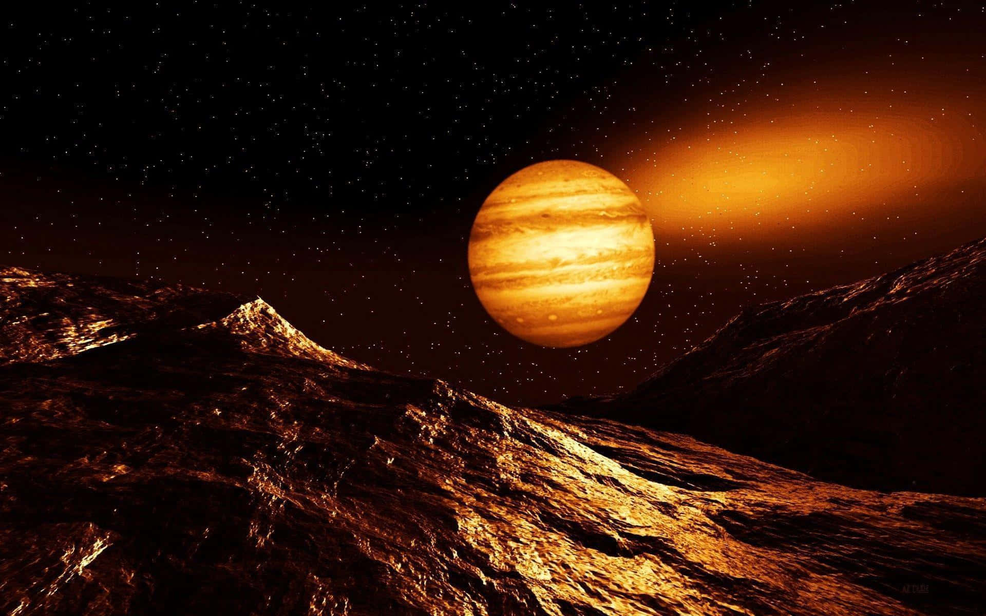 黃昏時分，巨大橙色行星下的外星山脈 — 木星 GIF 壁紙
