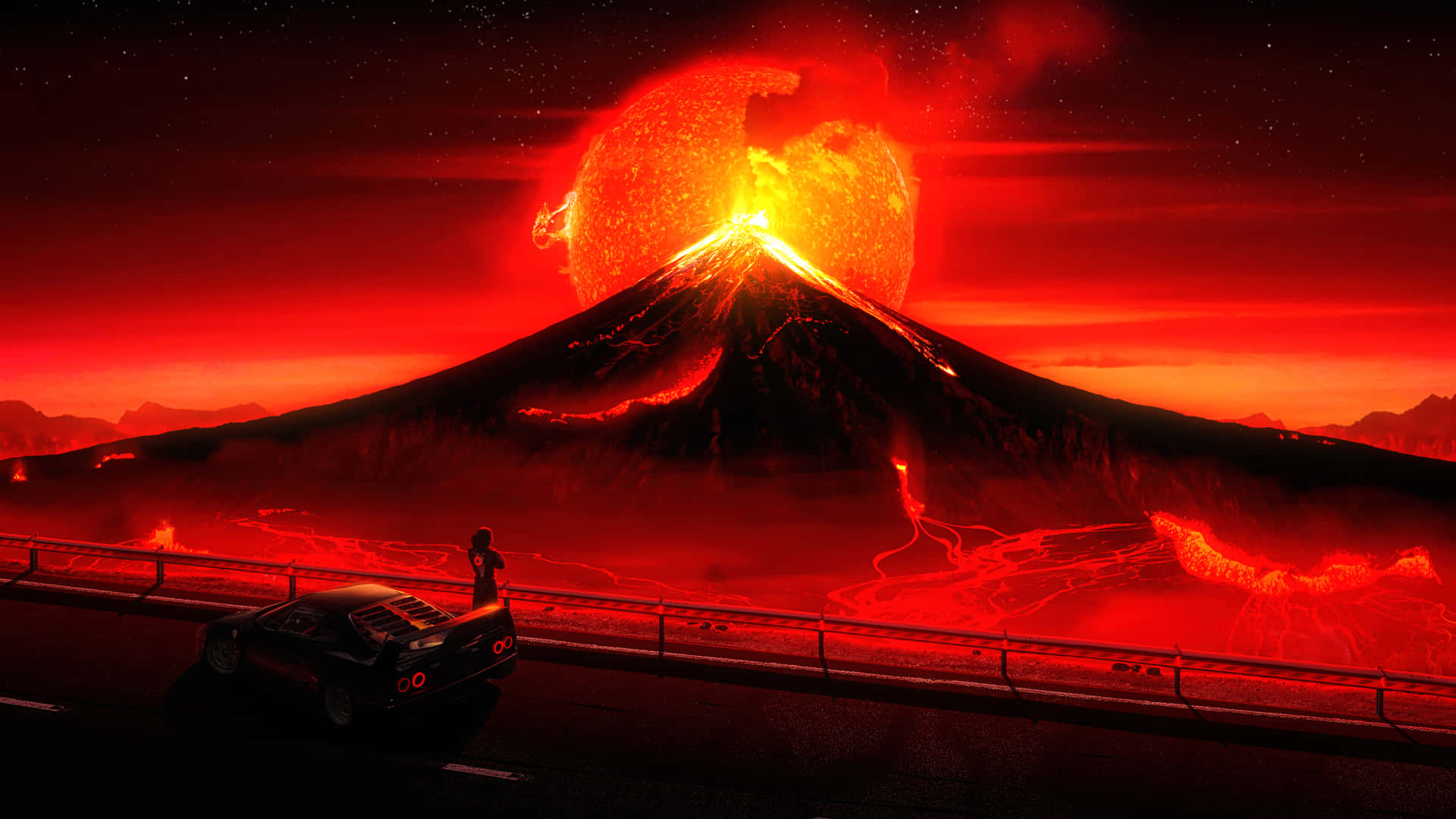 夜晚在跑車旁觀看火山爆發的人