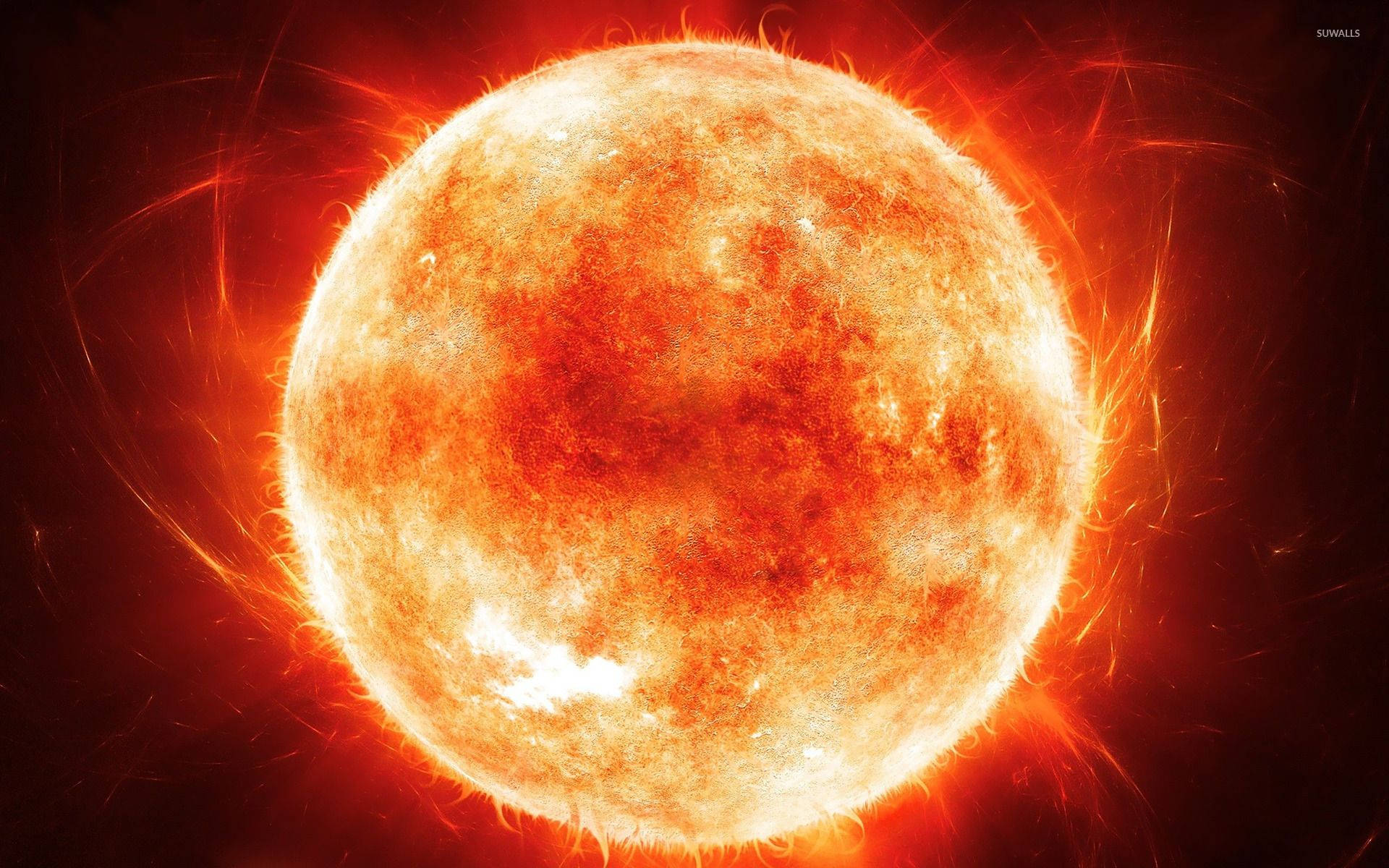 一顆燃燒的太陽，在太空中從其表面噴出熾熱的耀斑。