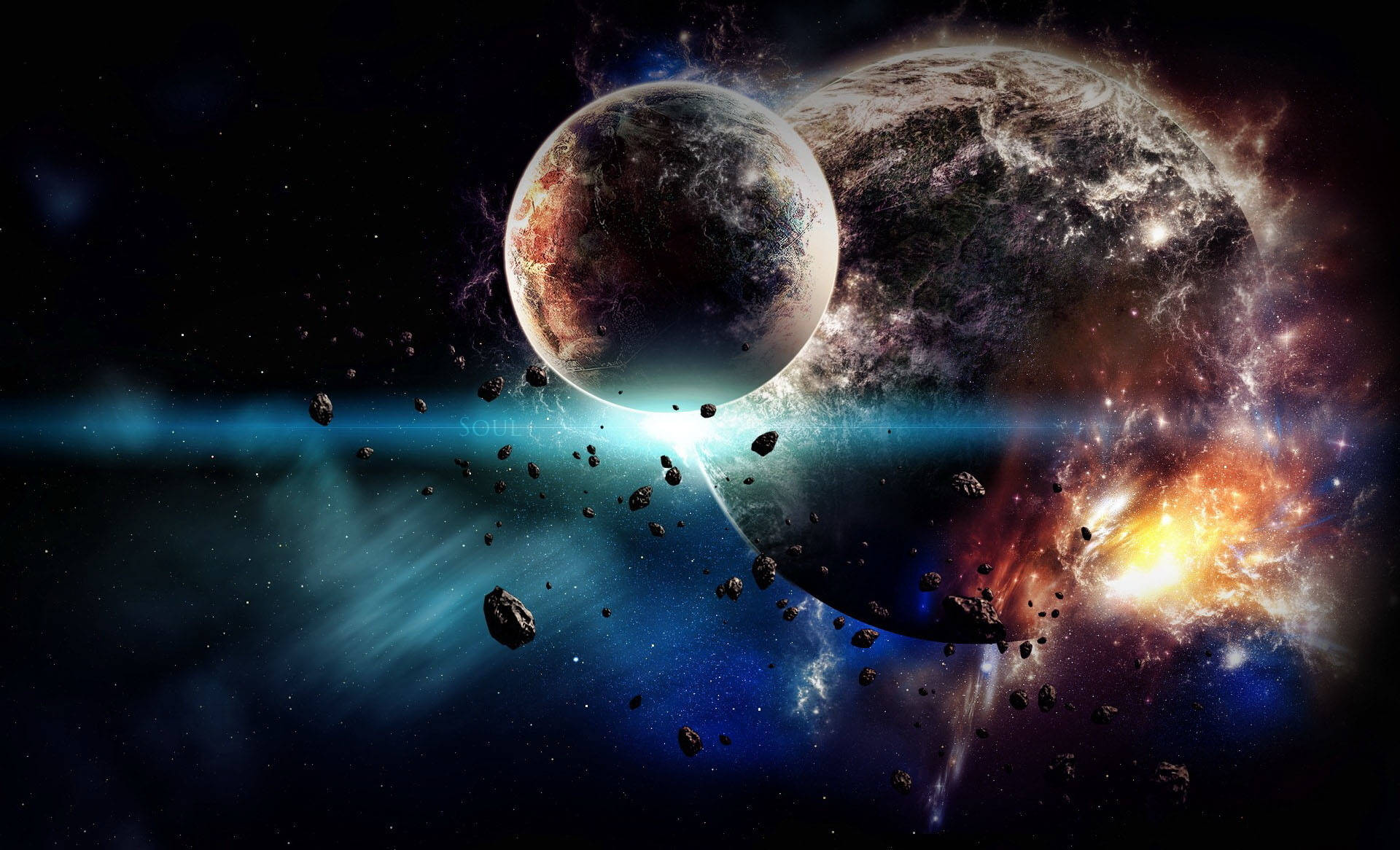 壯觀的行星與月球太空電腦壁紙 壁紙 — 兩顆行星在充滿小行星和散發藍色與橙色光芒的鮮豔星雲的宇宙虛空中漂流。
