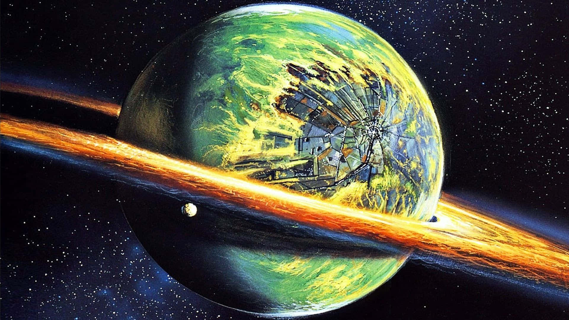 一顆帶有破碎金屬結構和發光環的綠色行星。