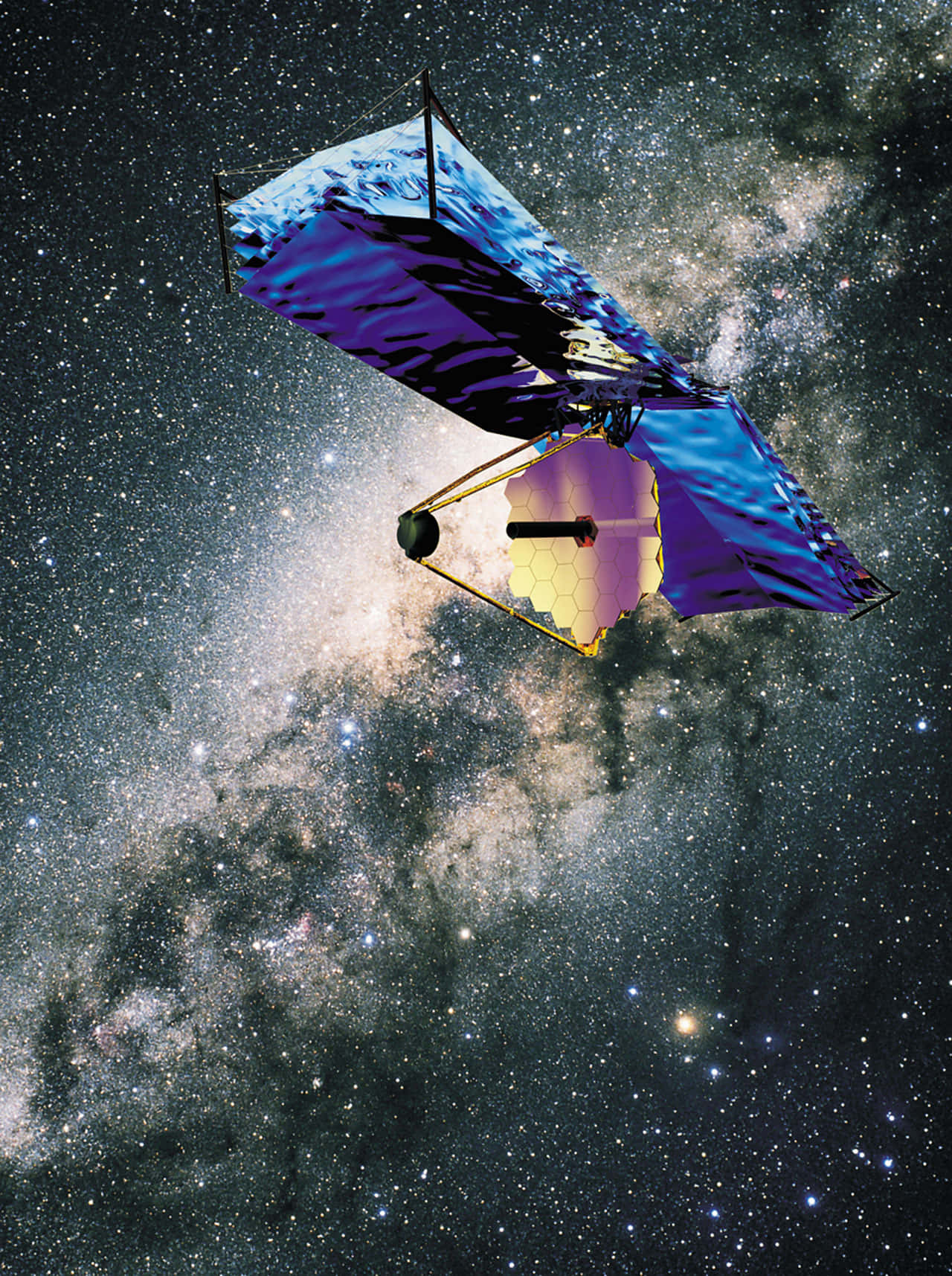 一枚帶有藍色太陽能板的衛星，在佈滿恆星的星系中運行。