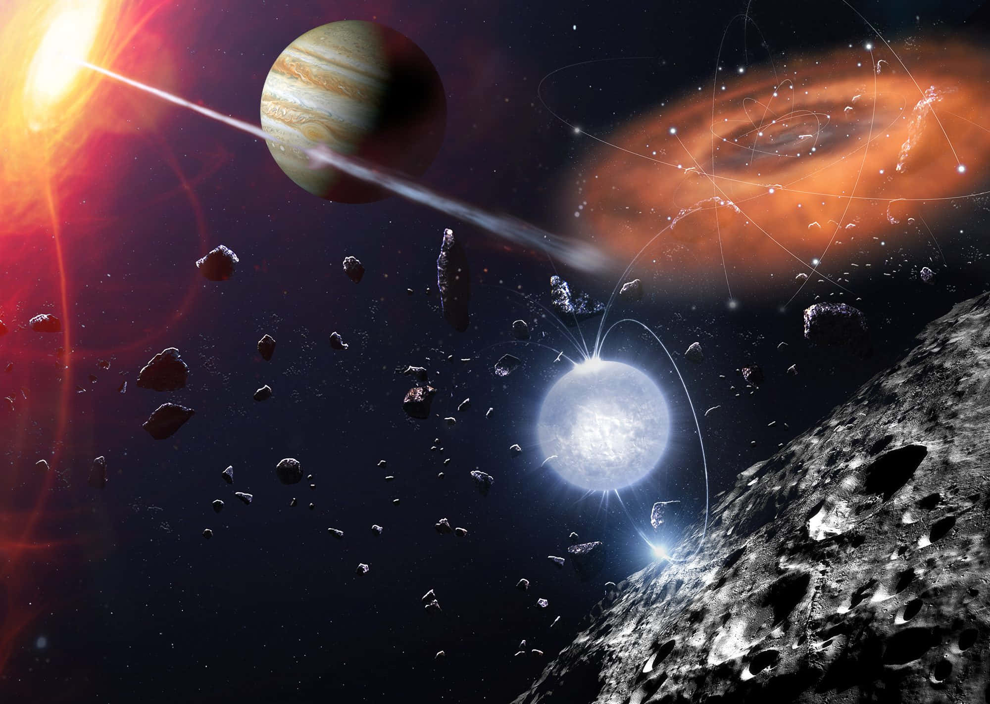 壯觀的銀河視野 壁紙 — 一個宇宙場景，有木星、一顆發光的恆星和一個螺旋星系，漂浮的小行星和岩石行星表面之間。