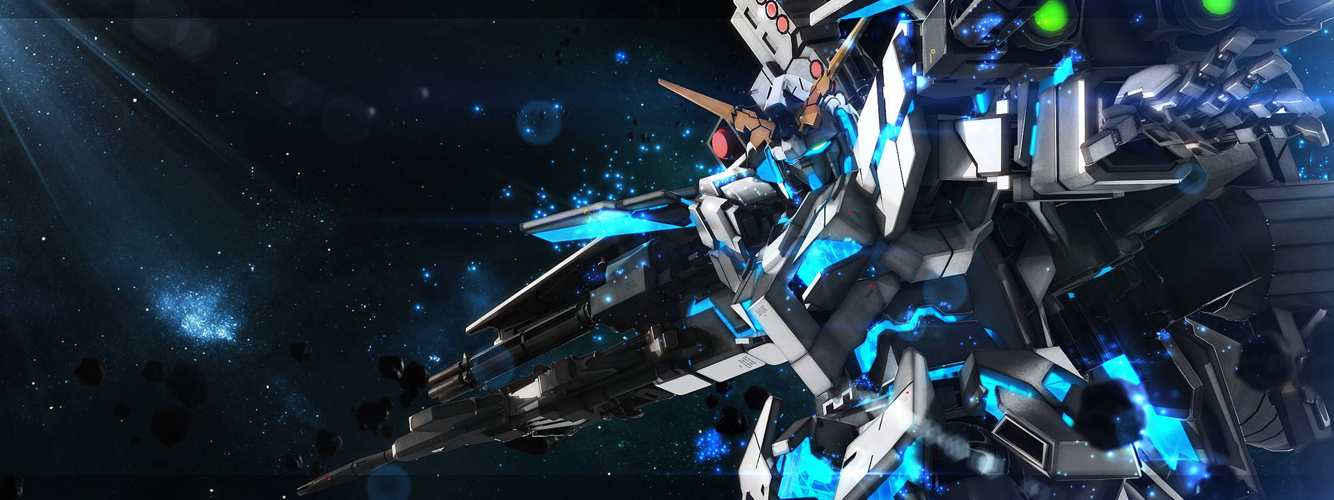 在深空中，一艘發光的藍銀色機甲戰艦漂浮在星星和碎片之間。 — 機動戰士鋼彈 壁紙
