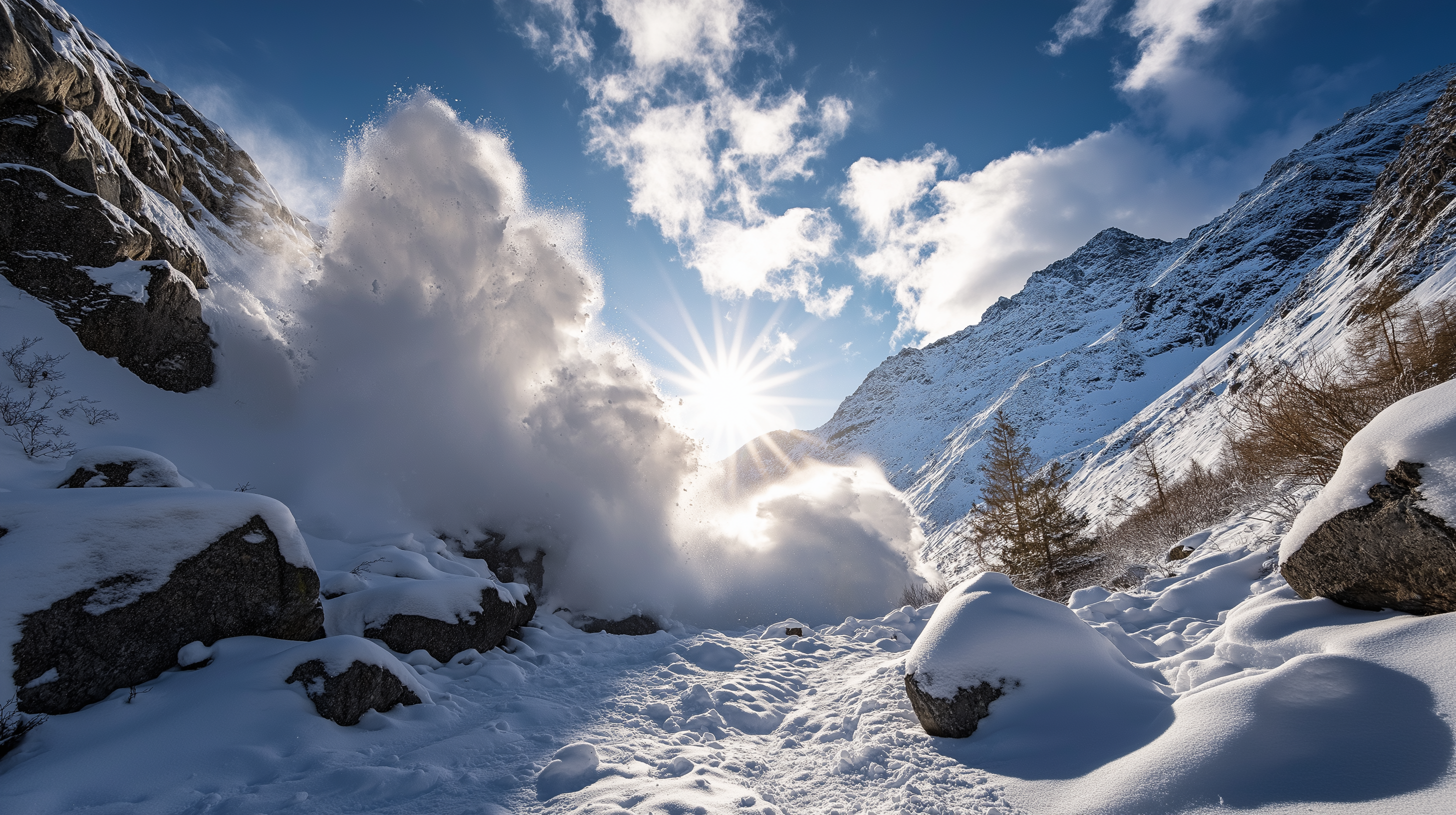 壯觀雪崩 壁紙 — 一場強大的雪爆在陽光明媚的阿爾卑斯山谷中爆發，周圍是白雪覆蓋的山脈和岩石露頭。