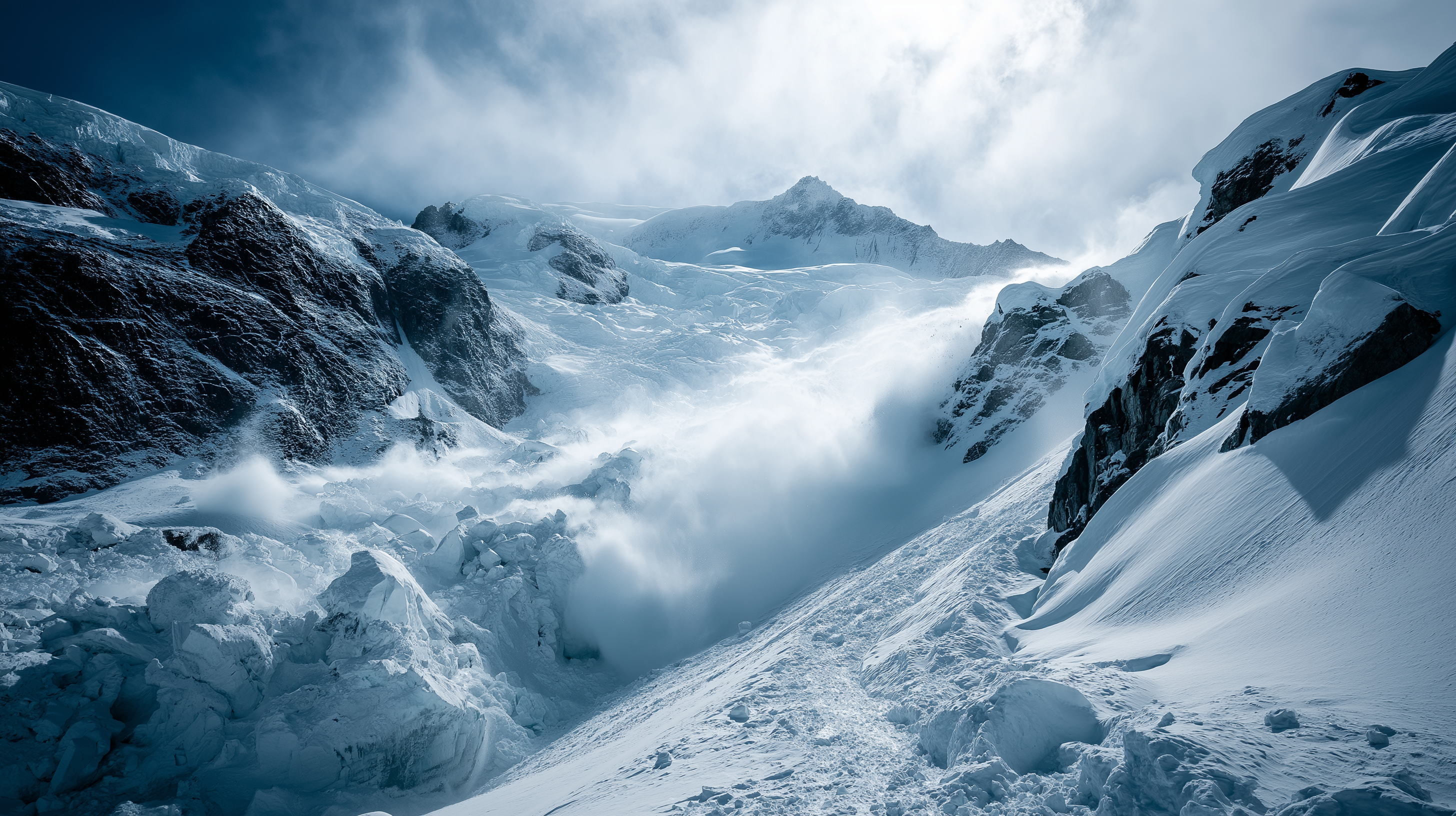 壯觀雪崩 壁紙 — 在風暴天空下，一場戲劇性的雪崩衝過積雪的山谷。
