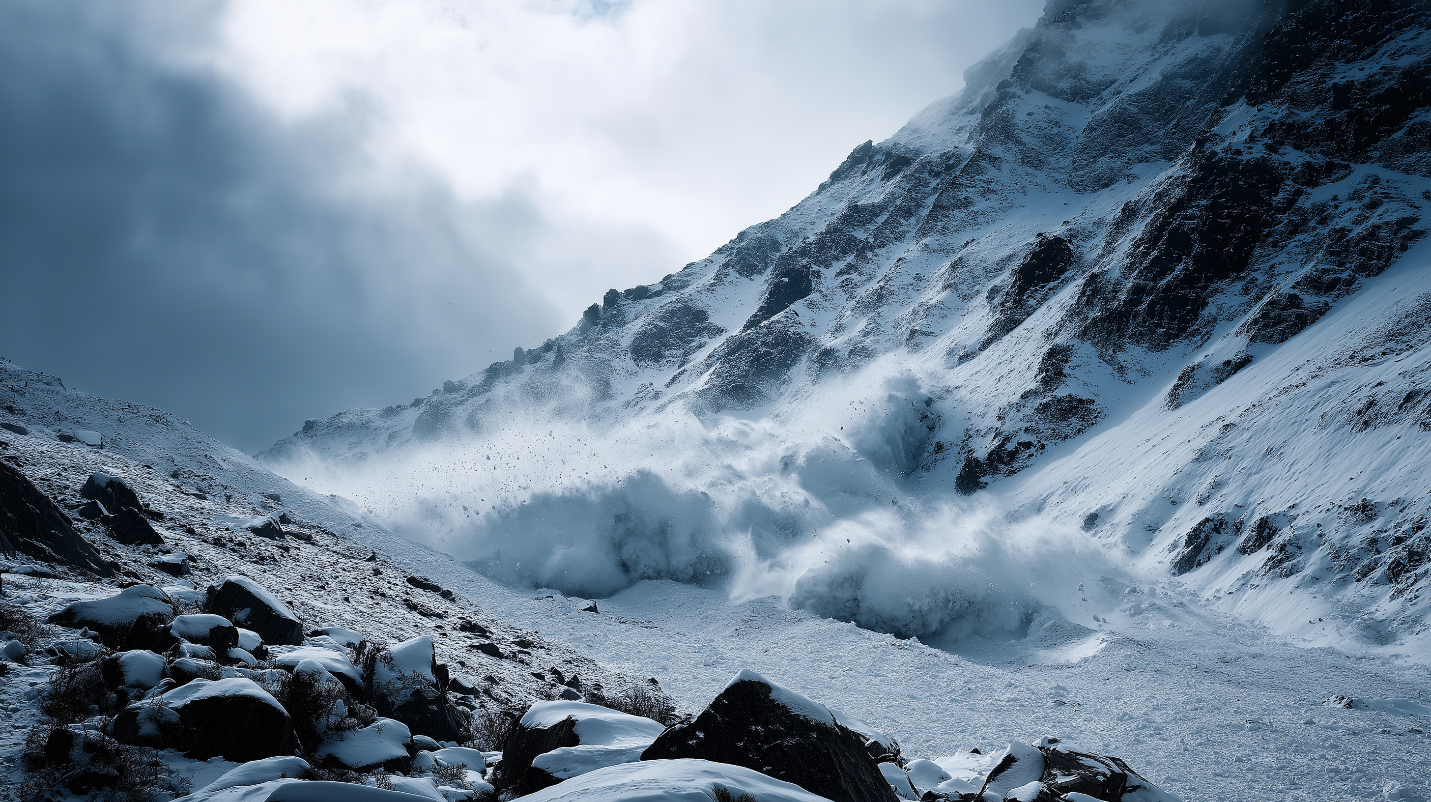 壯觀雪崩 壁紙 — 一場強大的雪崩在陰天之下衝下積雪的山坡。