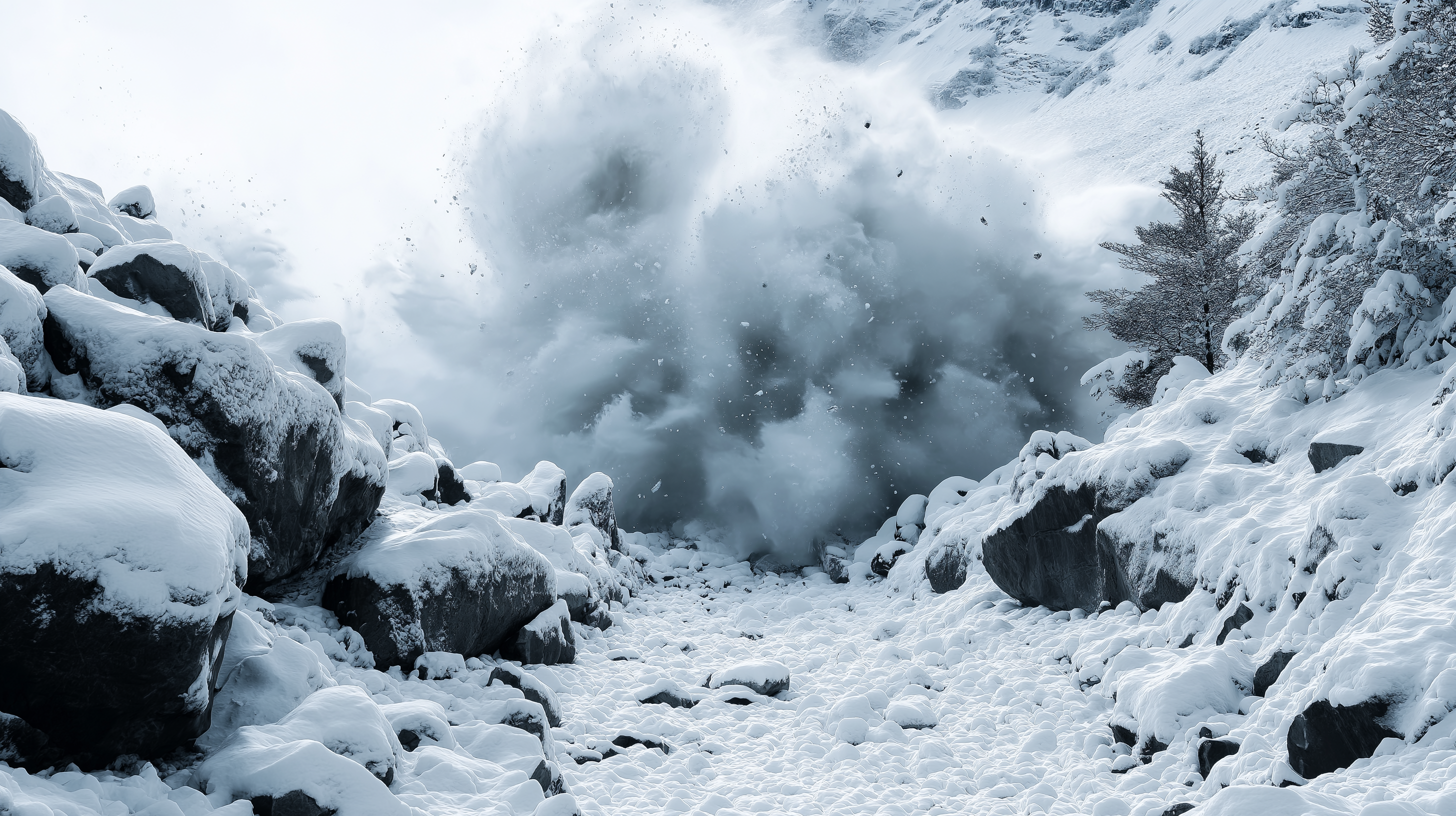 壯觀雪崩 壁紙 — 一場強勁的雪爆炸在一個被白雪覆蓋的岩石山谷中爆發。